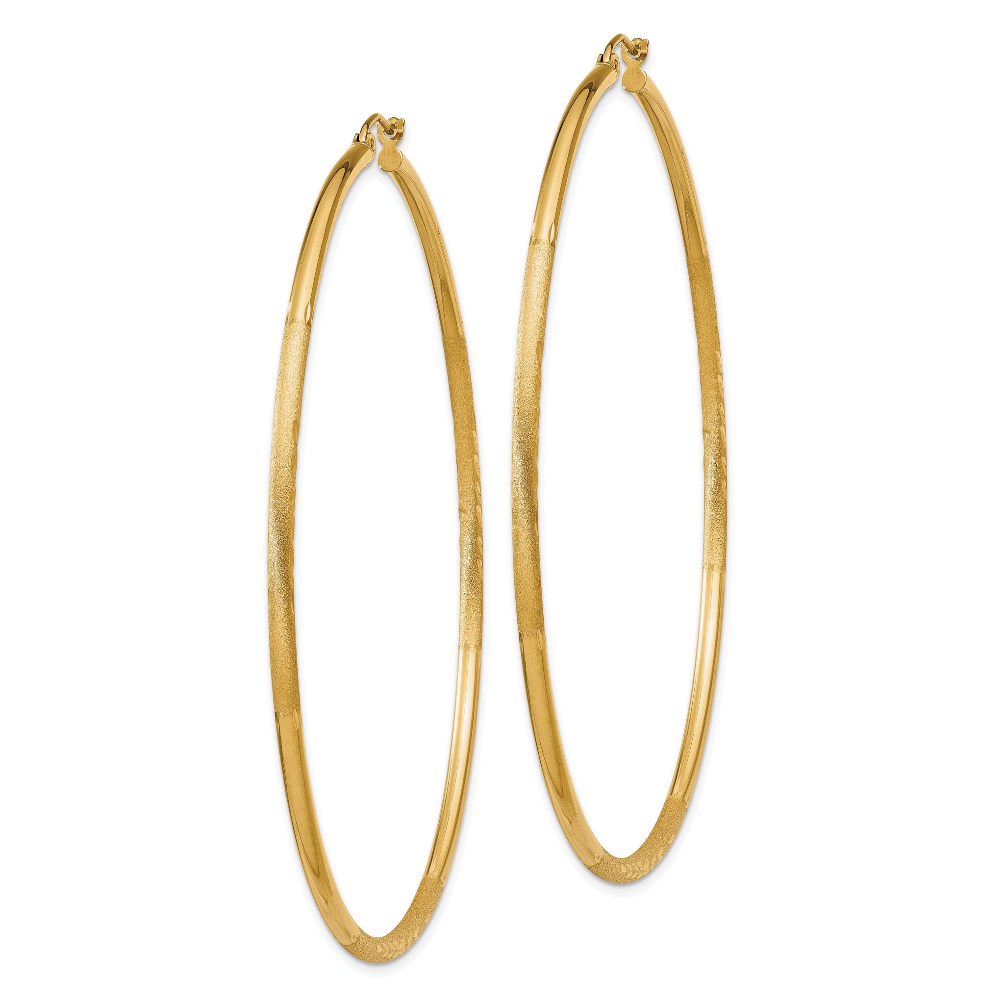 14k Satin and Diamond-cut 2mm Round Tube Hoop Earrings