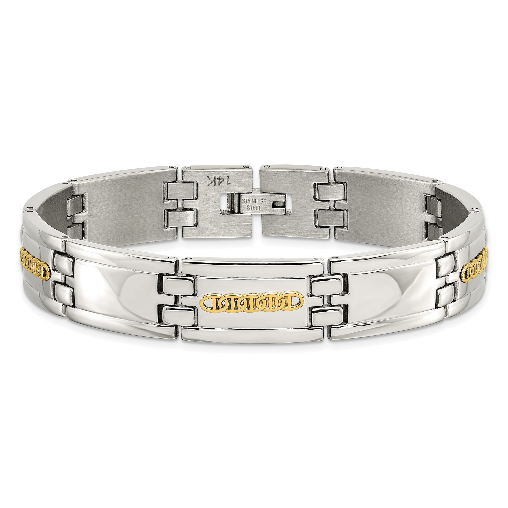 Stainless Steel with 14k Gold Accent Polished Link Bracelet for Men