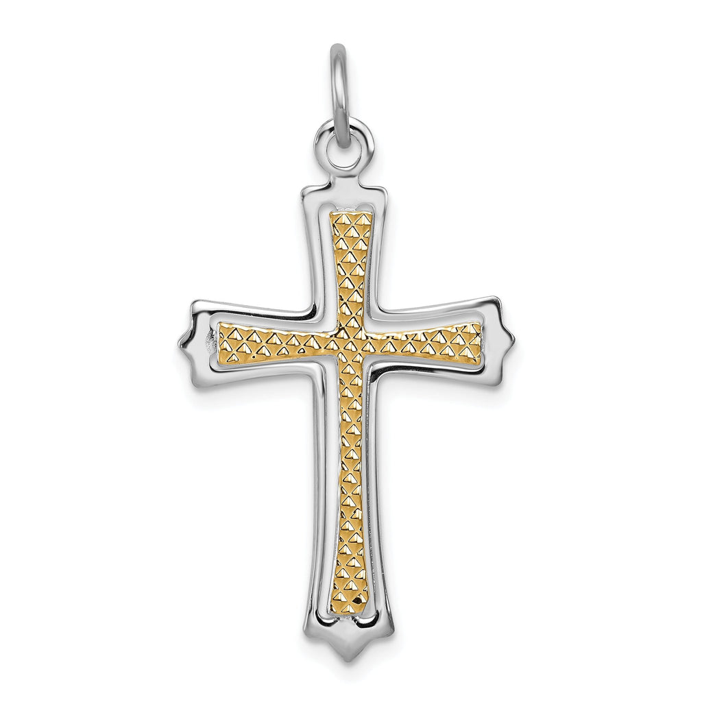 Sterling Silver Two-Tone Cross Pendant with Polished Rhodium & Gold Finish