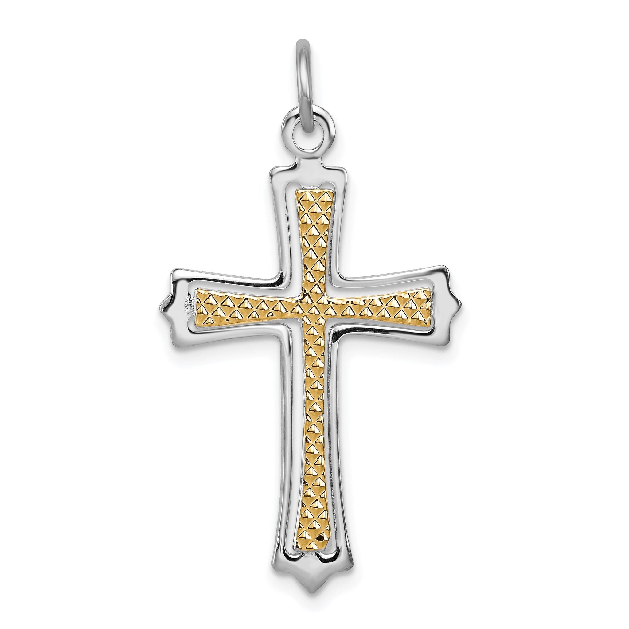 Sterling Silver Two-Tone Cross Pendant with Polished Rhodium & Gold Finish