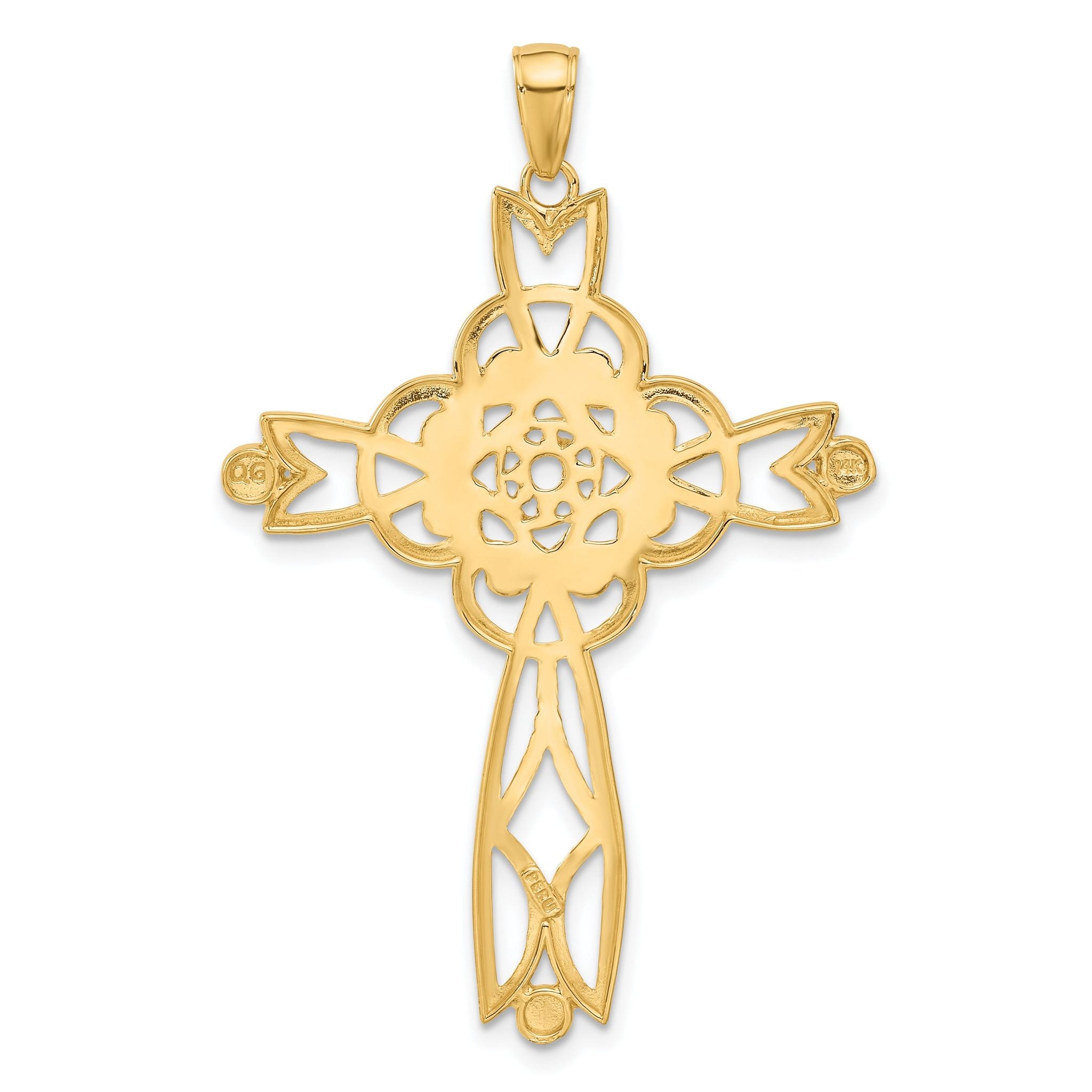 14K Gold Infinity Cross Pendant with Rhodium Diamond-Cut Beaded Trim