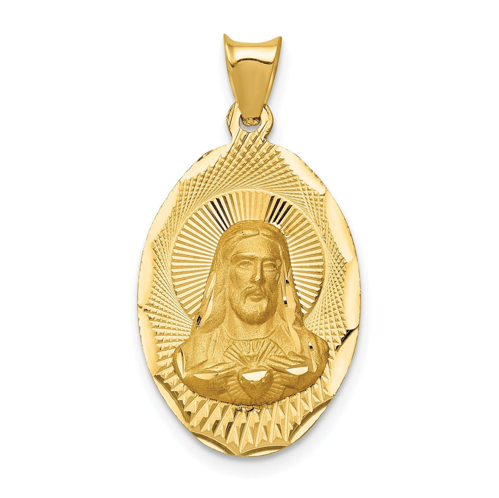14K Gold Sagrado Corazon Oval Pendant, Polished Die Struck Solid Design