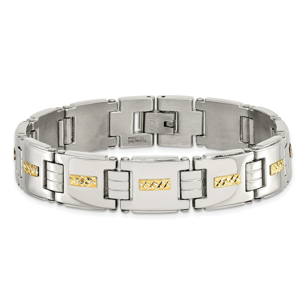 Stainless Steel Polished with Diamond-cut 14k Gold Inlay Link Bracelet for Men