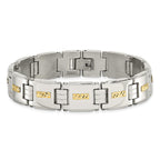 Stainless Steel Polished with Diamond-cut 14k Gold Inlay Link Bracelet for Men