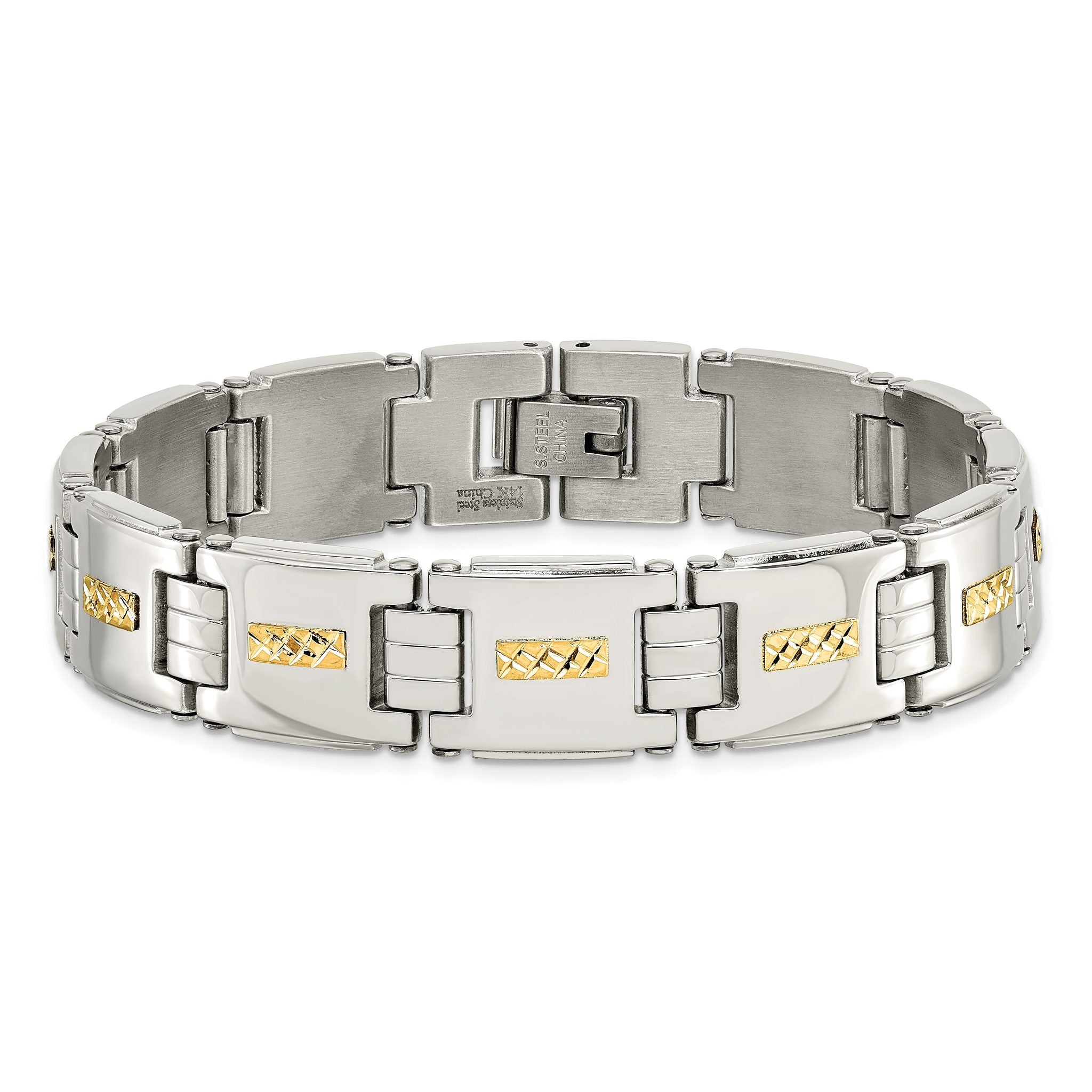 Stainless Steel Polished with Diamond-cut 14k Gold Inlay Link Bracelet for Men