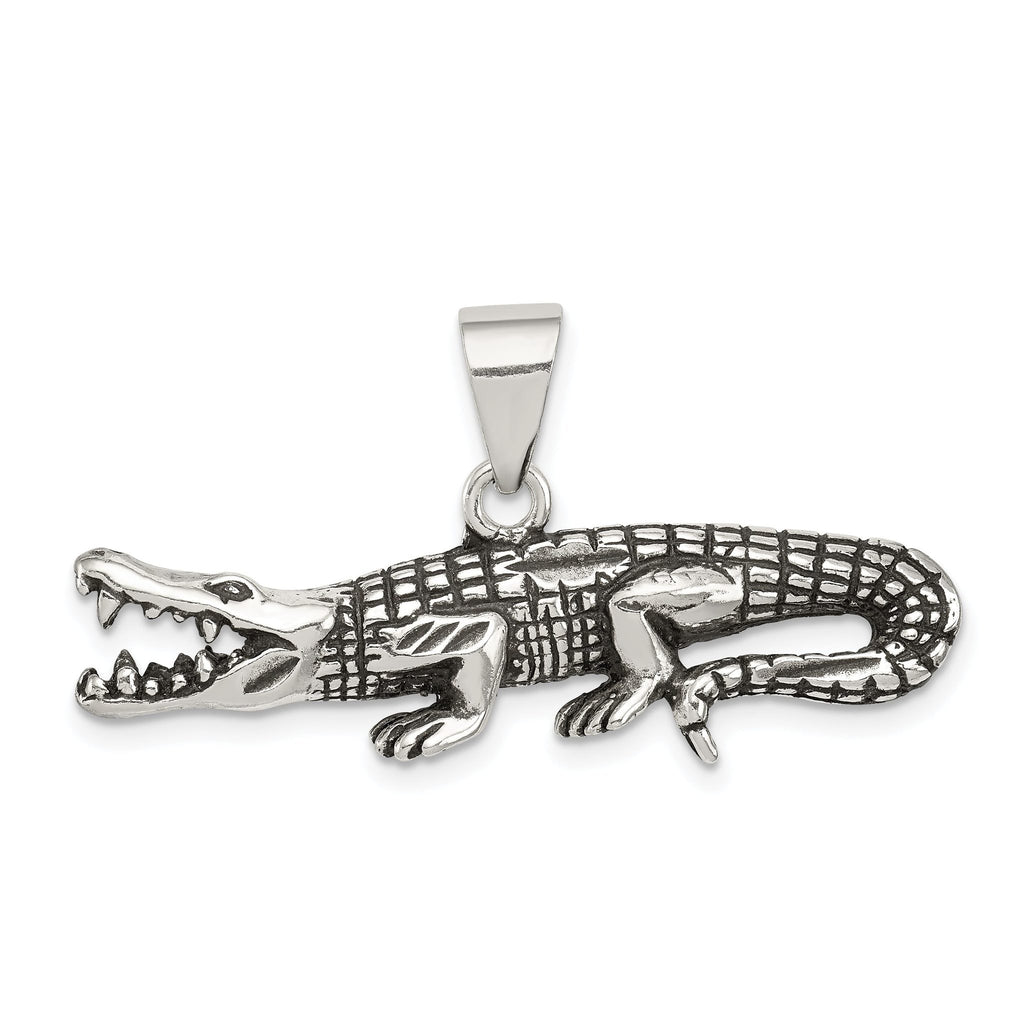 Men's 925 Sterling Silver Antiqued Crocodile Pendant with Textured Finish