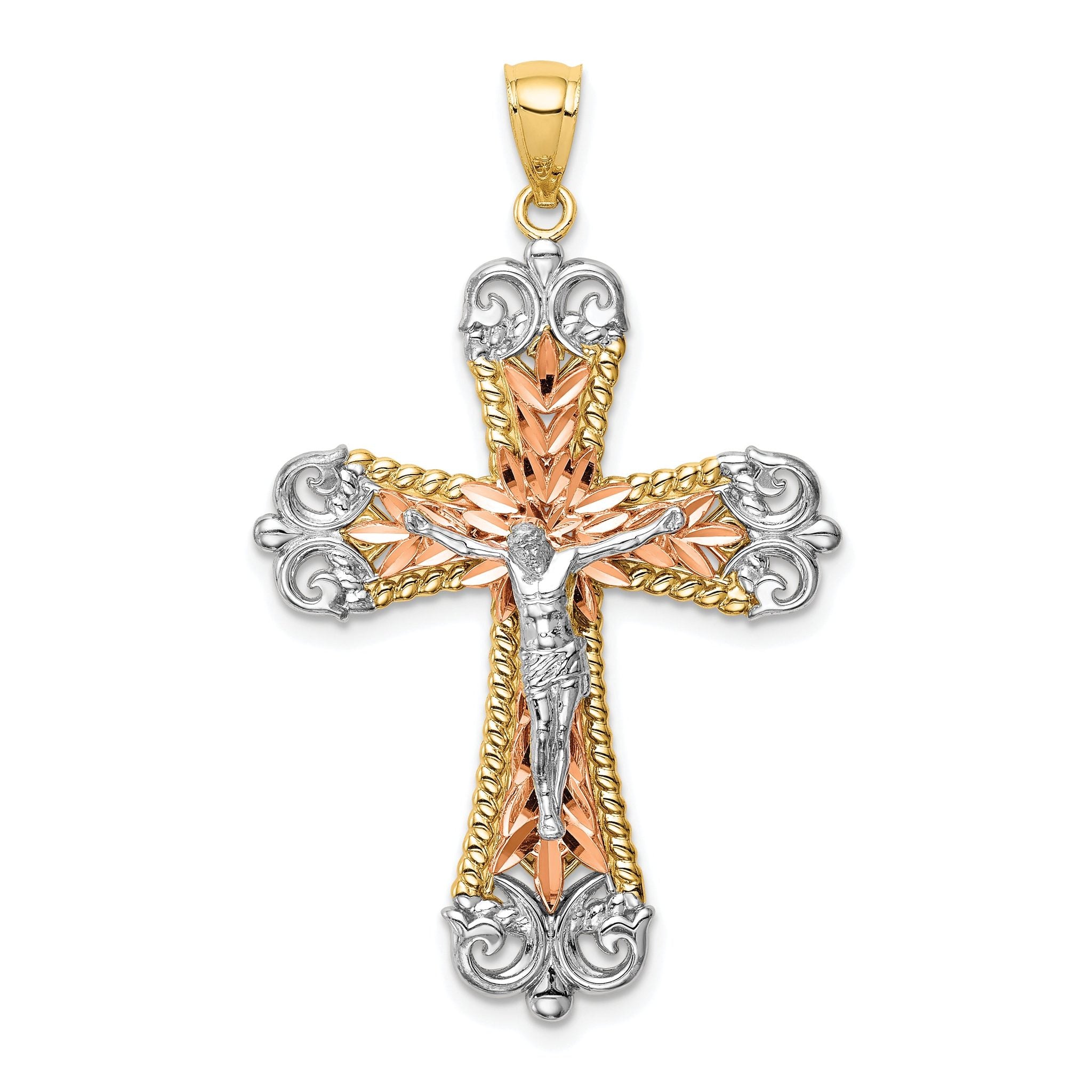 14K Tri-Color w/Rhodium Crucifix Pendant Main image