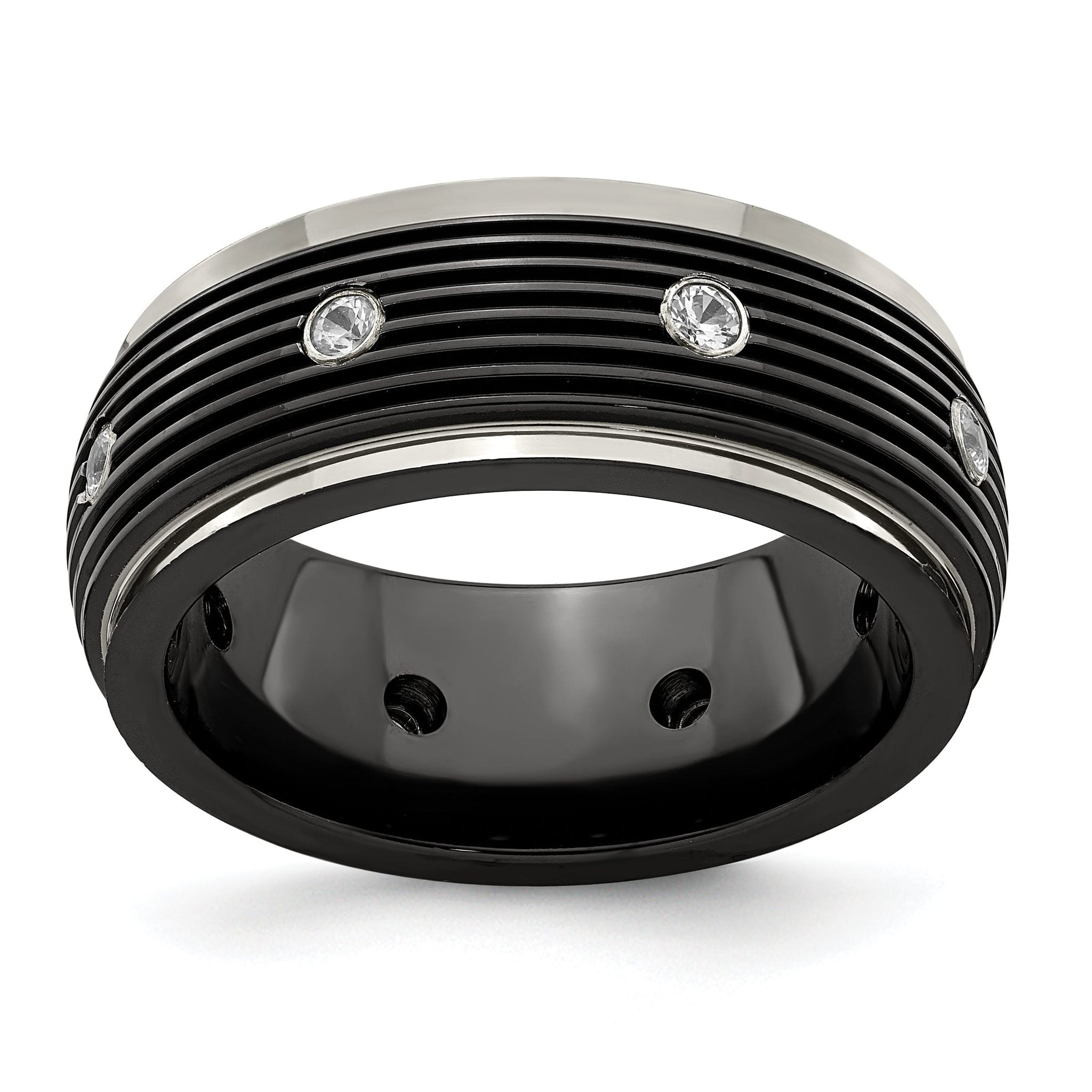 White Sapphire Grooved Wedding Band in Titanium, 9mm Main image