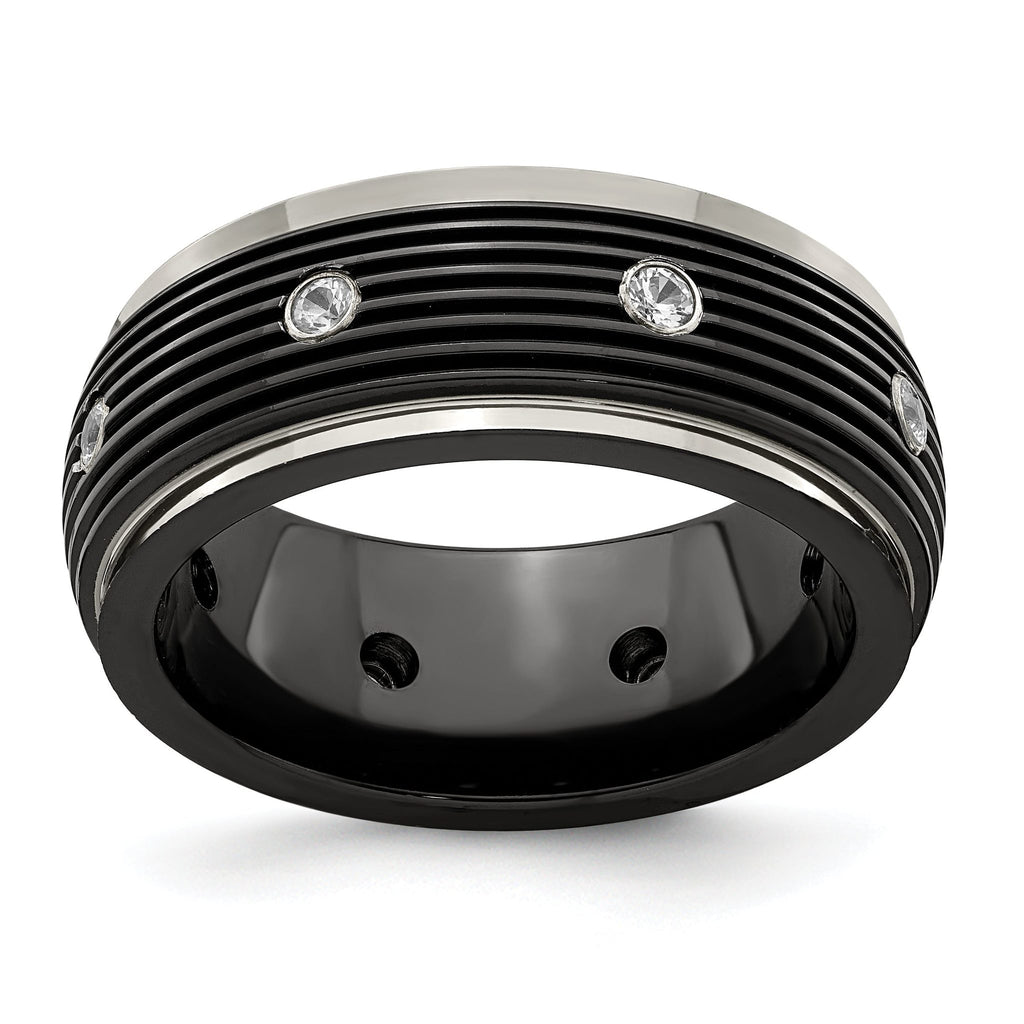 White Sapphire Grooved Wedding Band in Titanium, 9mm