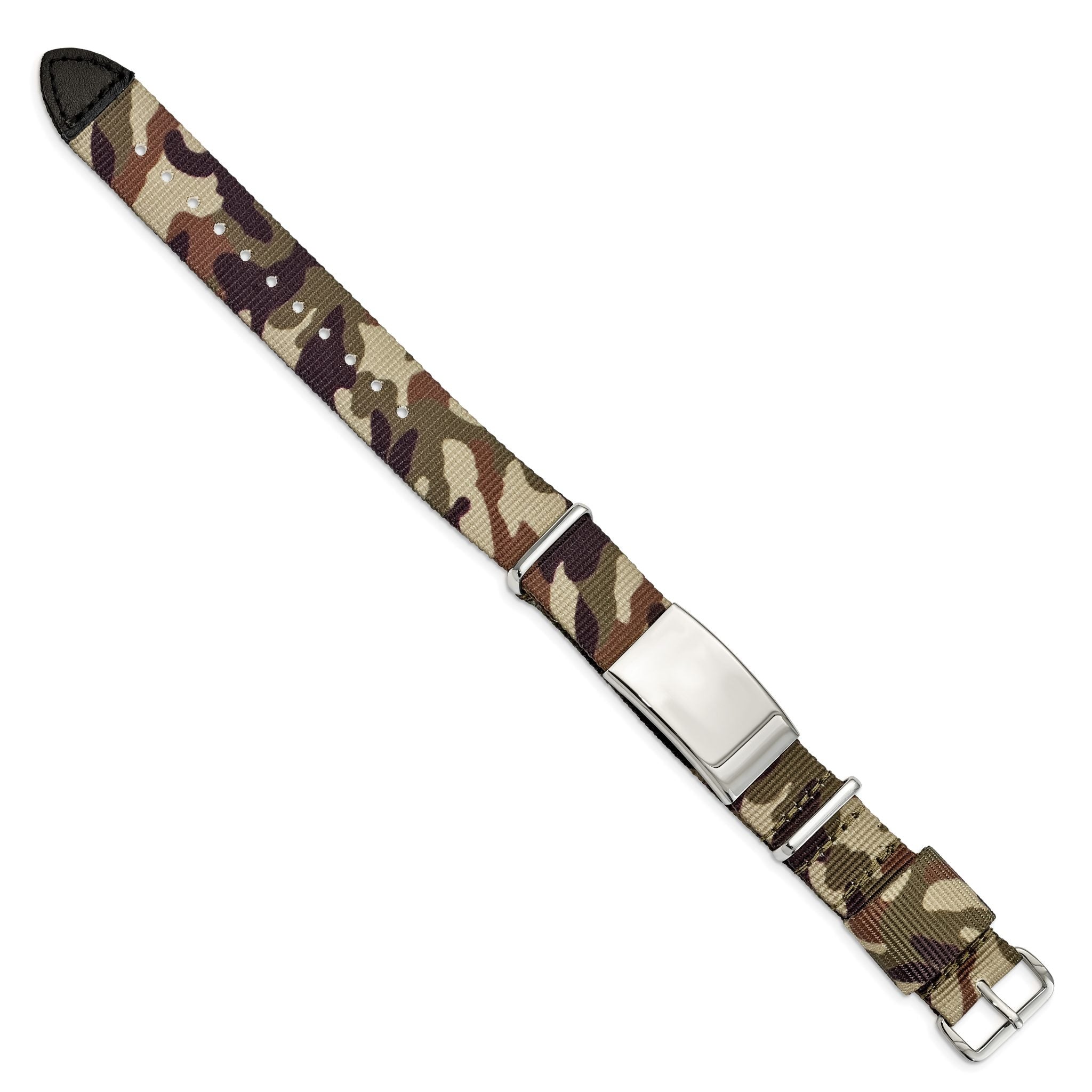 Stainless Steel Polished Brown Camo Fabric Adjustable ID Bracelet for Men