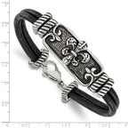Stainless Steel Antiqued and Polished Fleur de Lis 2 Strand Black Leather Bracelet for Men