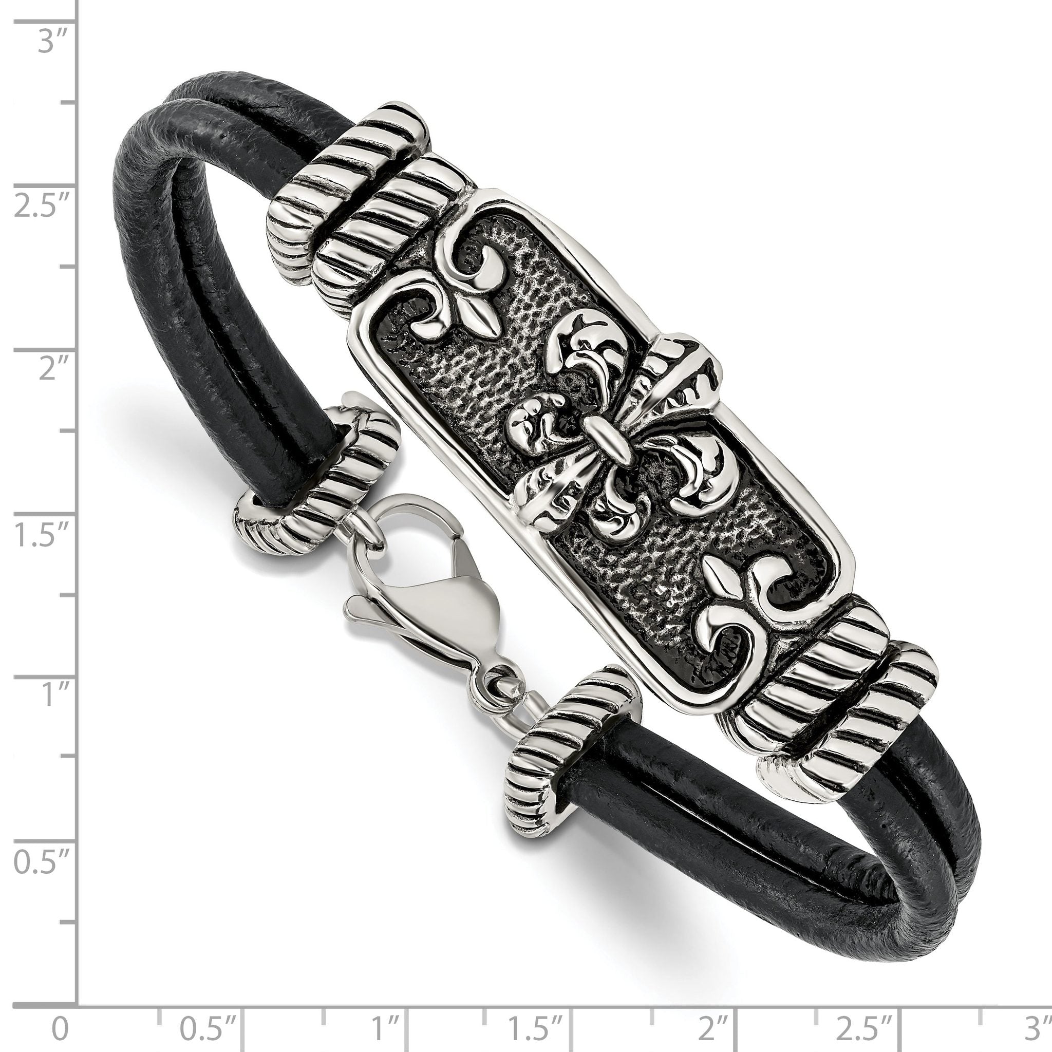 Stainless Steel Antiqued and Polished Fleur de Lis 2 Strand Black Leather Bracelet for Men
