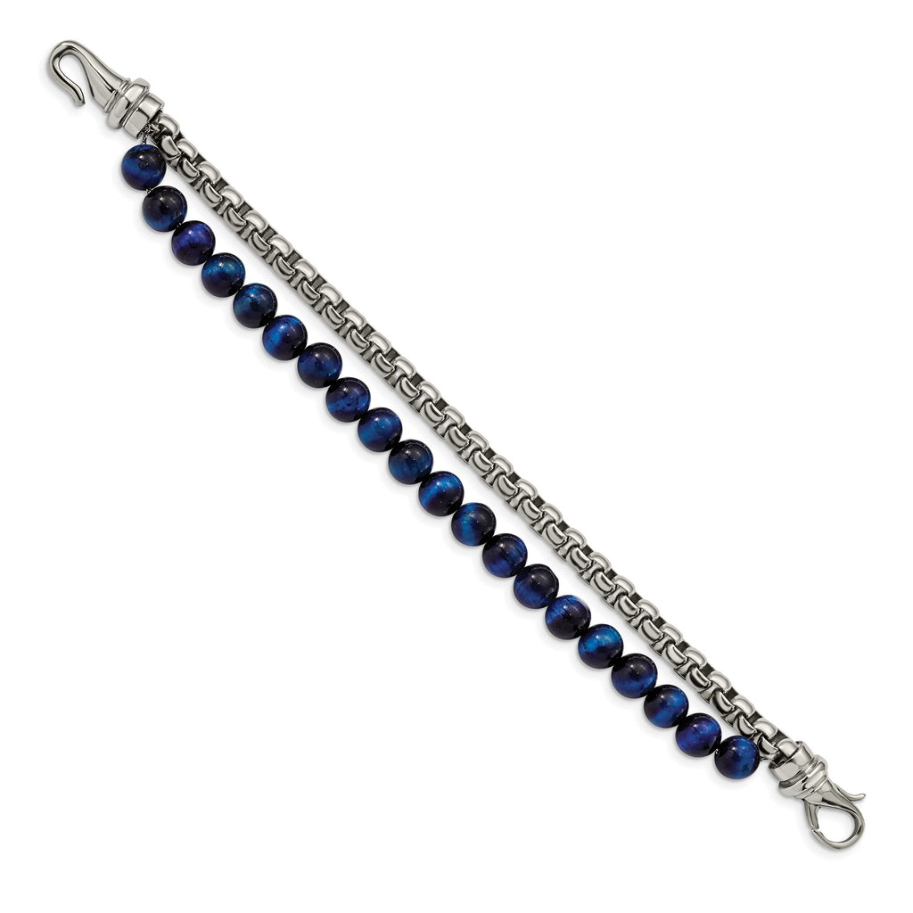 Stainless Steel Polished Box Chain and Blue Tiger's Eye Beads 2 Strand Bracelet