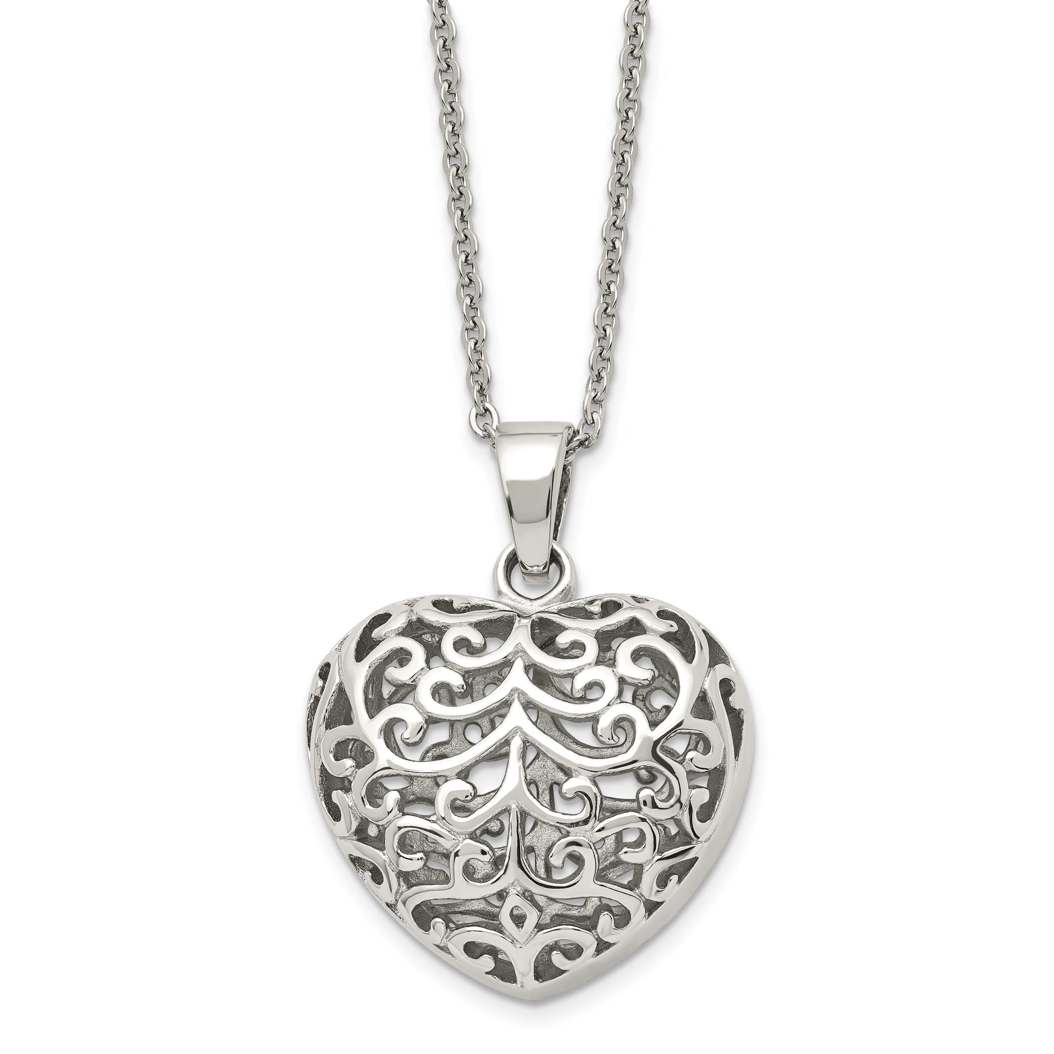 Chisel Stainless Steel Polished Filigree Puffed Heart Pendant on a 22 inch Cable Chain Necklace Main image