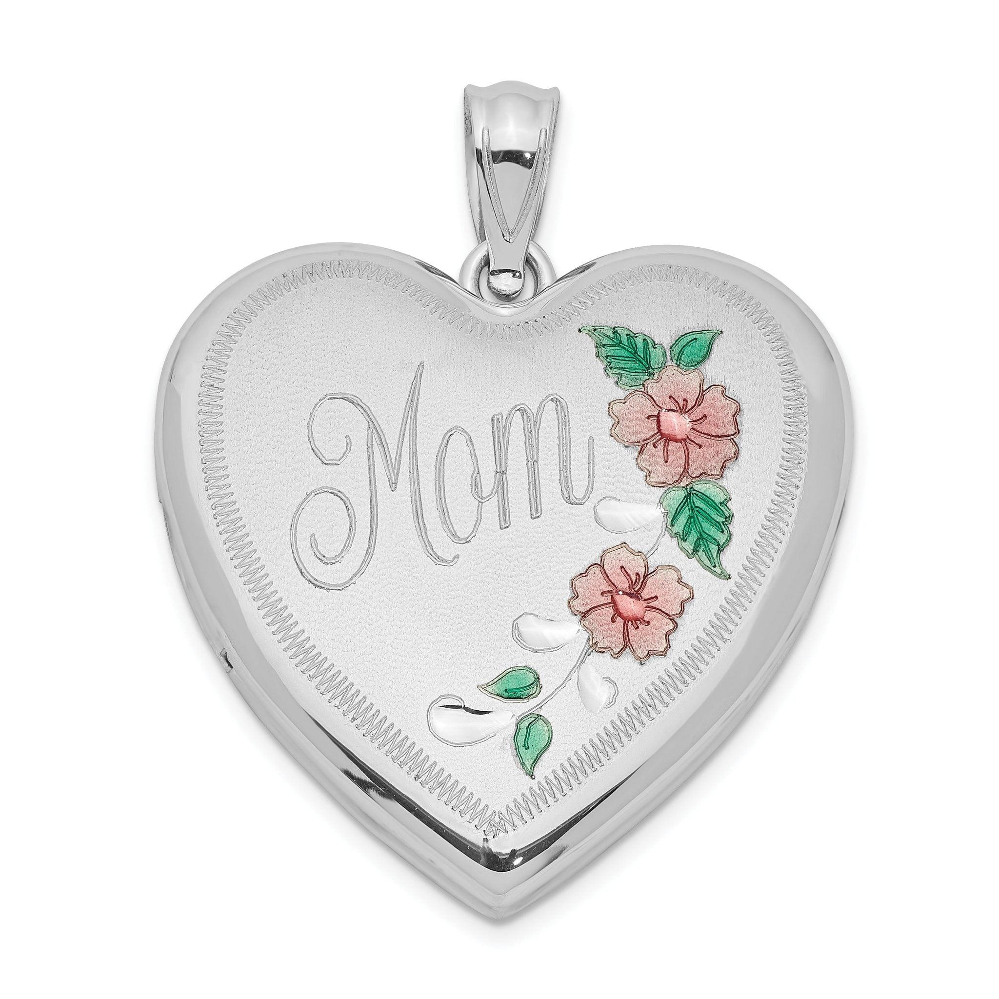 Sterling Silver Rhodium-plated 24mm Enameled Floral Mom Heart Locket Main image