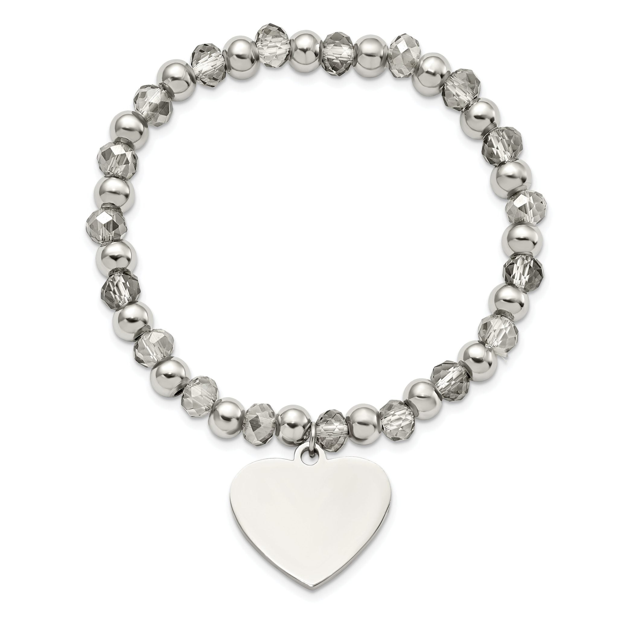 Stainless Steel Polished Heart Dangle 6mm Grey Glass Beaded Stretch Bracelet for Women Secondary image