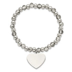 Stainless Steel Polished Heart Dangle 6mm Grey Glass Beaded Stretch Bracelet for Women