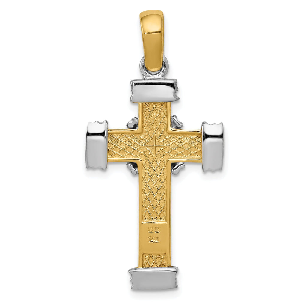 14K Two-Tone Gold Latin Cross Pendant with Polished Beaded Texture