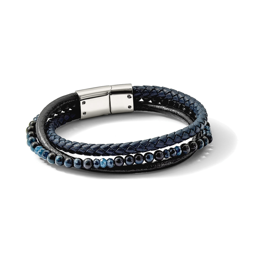 Stainless Steel Polished Multi Strand Blue Chalcedony and Tiger's Eye Beaded Black and Blue Leather Bracelet for Men