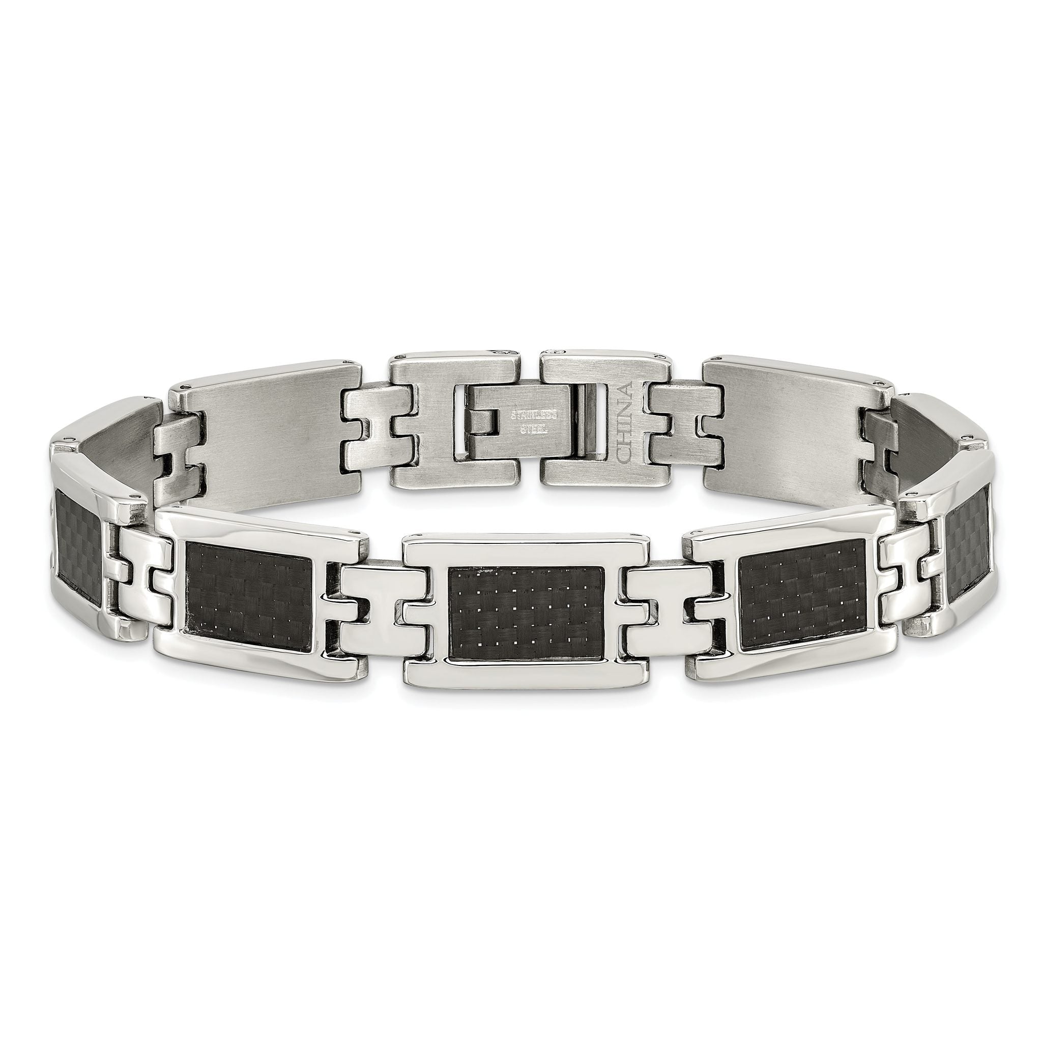 Stainless Steel Polished with Black Carbon Fiber Inlay Link Bracelet for Men