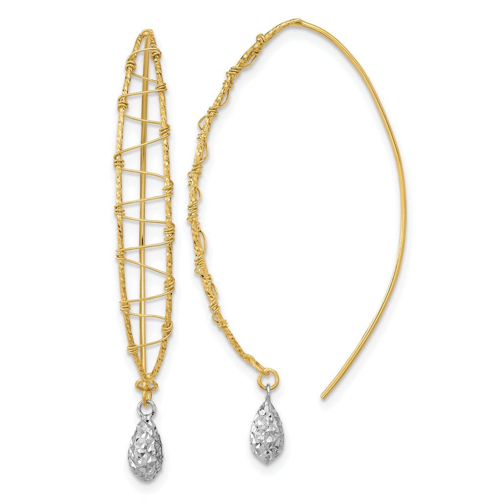 14k Two-tone Polished Wire Wrapped Diamond Cut Wire Dangle Earrings