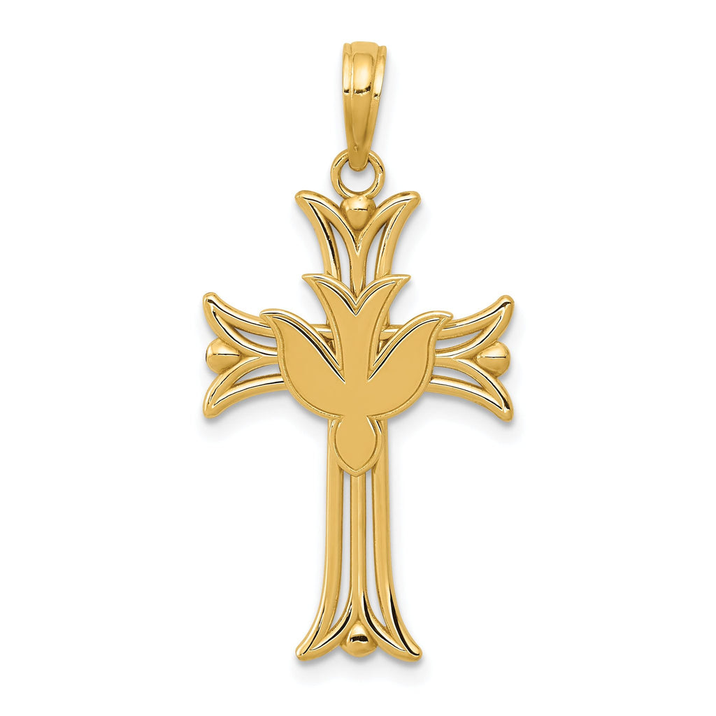 14K Gold Polished Dove on Cross Pendant  Elegant Themed Design