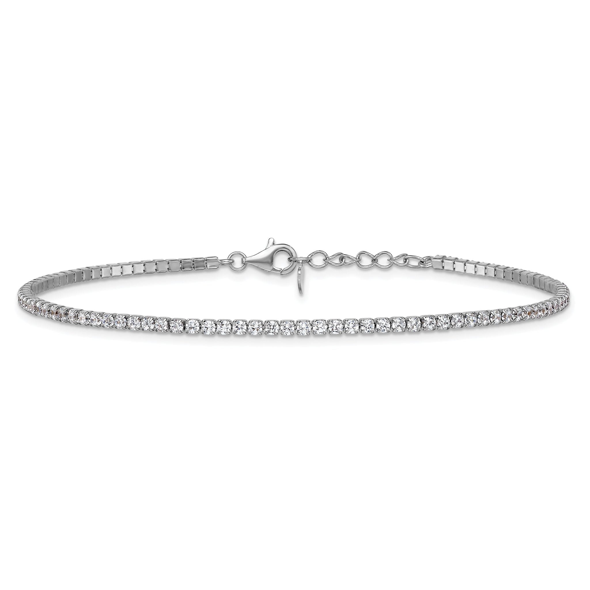 Sterling Silver Rhodium-plated 2mm CZ 9 inch Plus 0.75 inch Extender  - Total 9.75inch Anklet