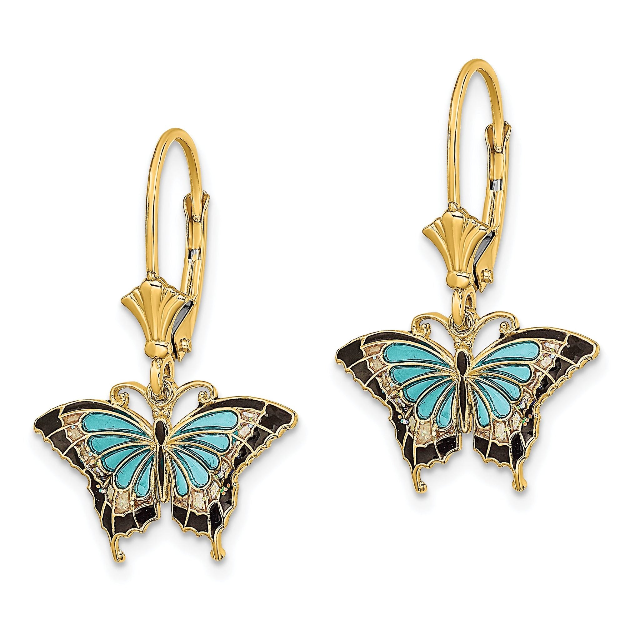 14K w/Aqua Enameled Wings Butterfly Leverback Earrings Secondary image