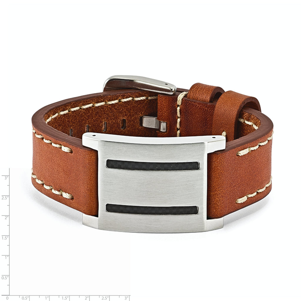 Stainless Steel Brown Leather with Carbon Fiber Inlay Buckle Bracelet for Men