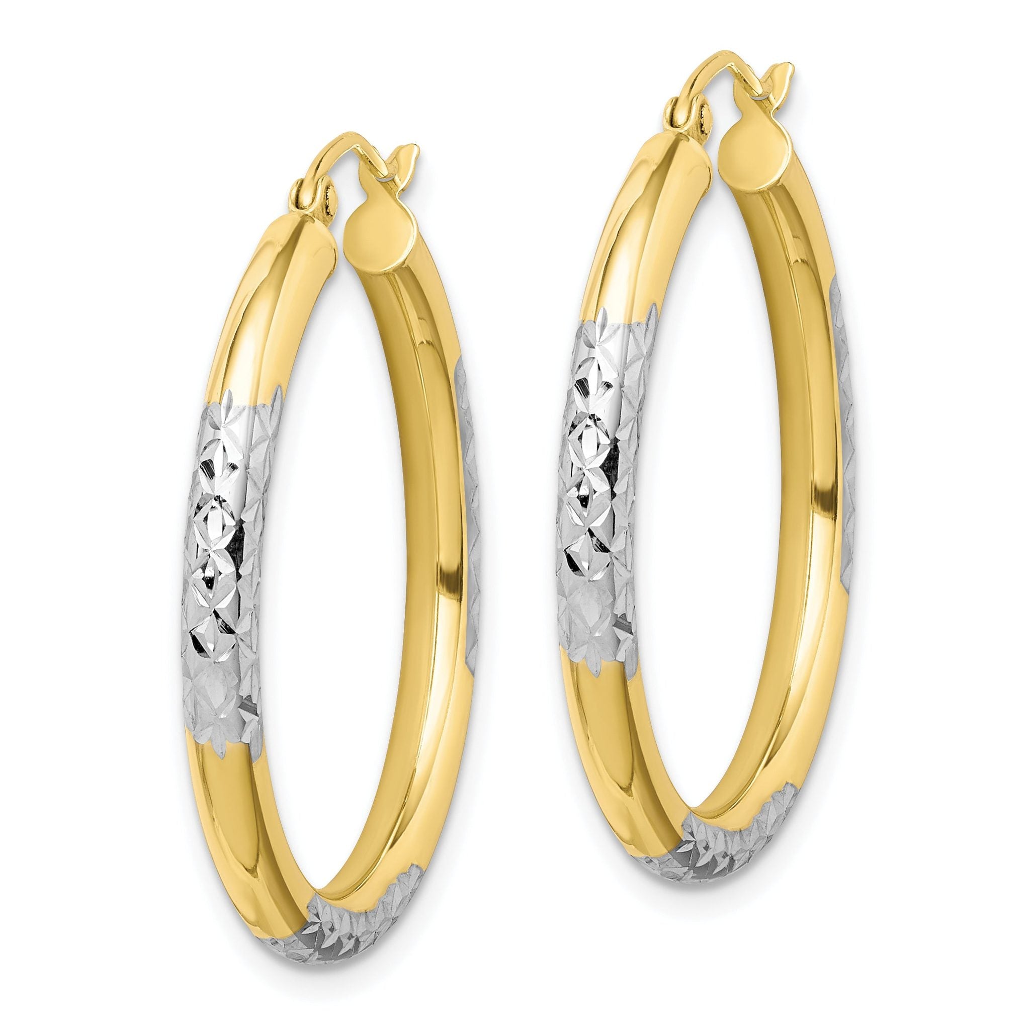 10K & Rhodium Diamond Cut 3mm Hoop Earrings Secondary image