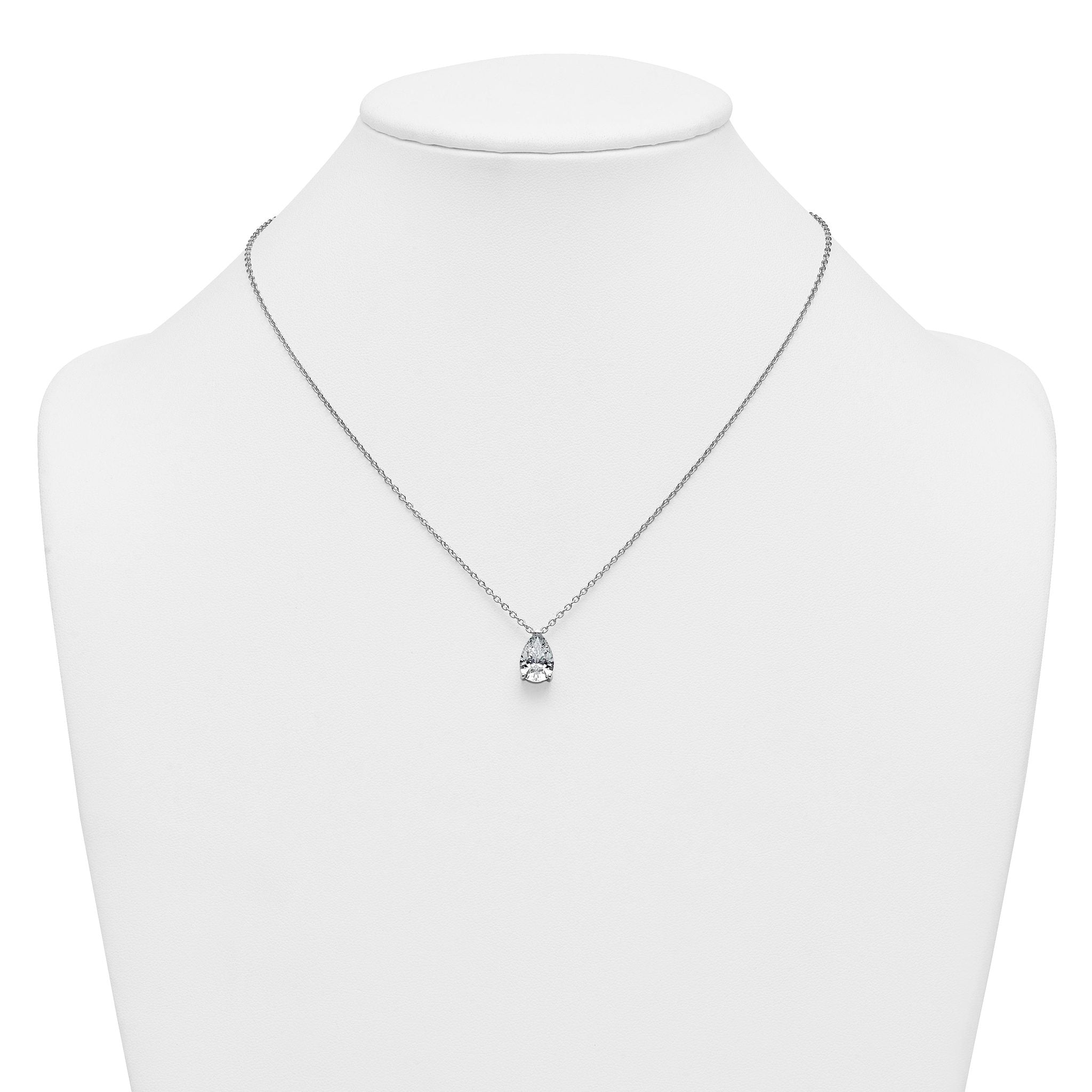 14k White Gold 3 carat Lab Grown Diamond VS+ F+ Pear Complete 18 inch Four Prong Pendant Necklace