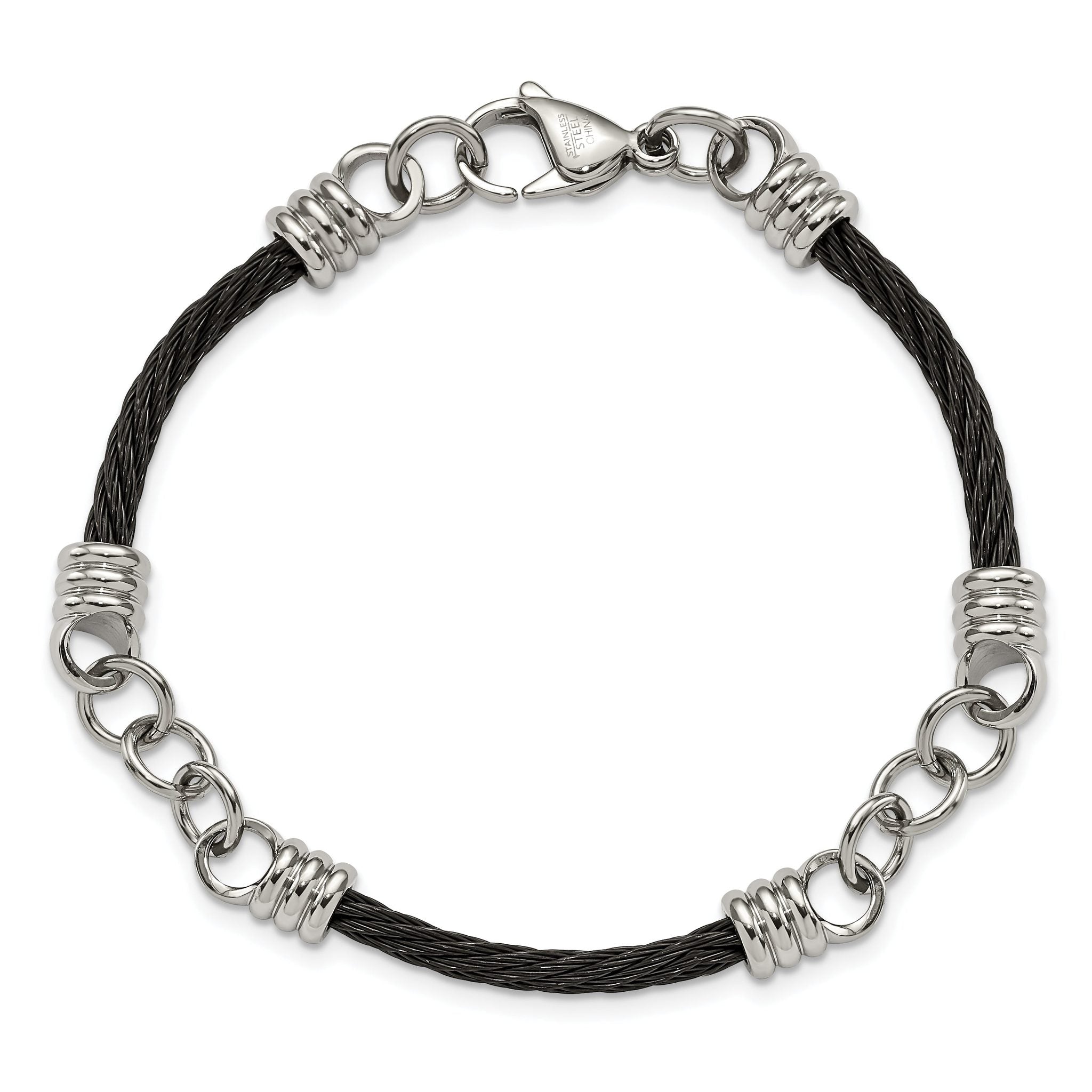 Stainless Steel Polished Black IP-plated Cable Bracelet for Men