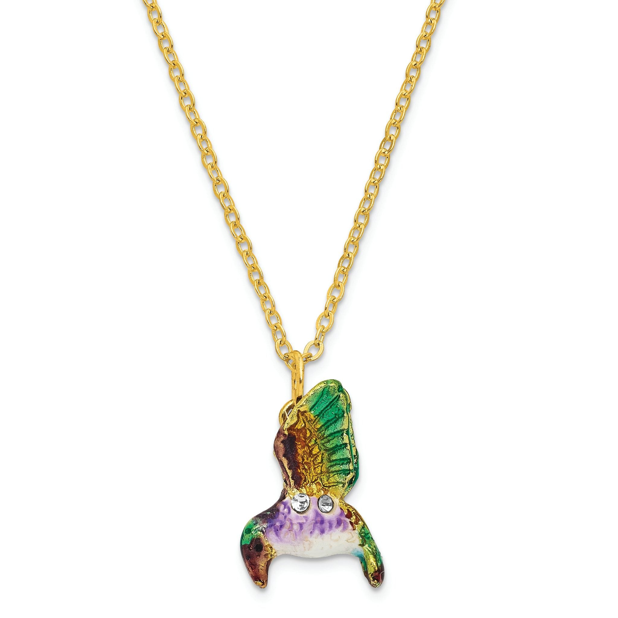 Luxury Giftware by Jere Pewter Bejeweled Crystals Gold-tone Enameled STELLA Hummingbird & Morning Glory Trinket Box with Matching 18 Inch Necklace