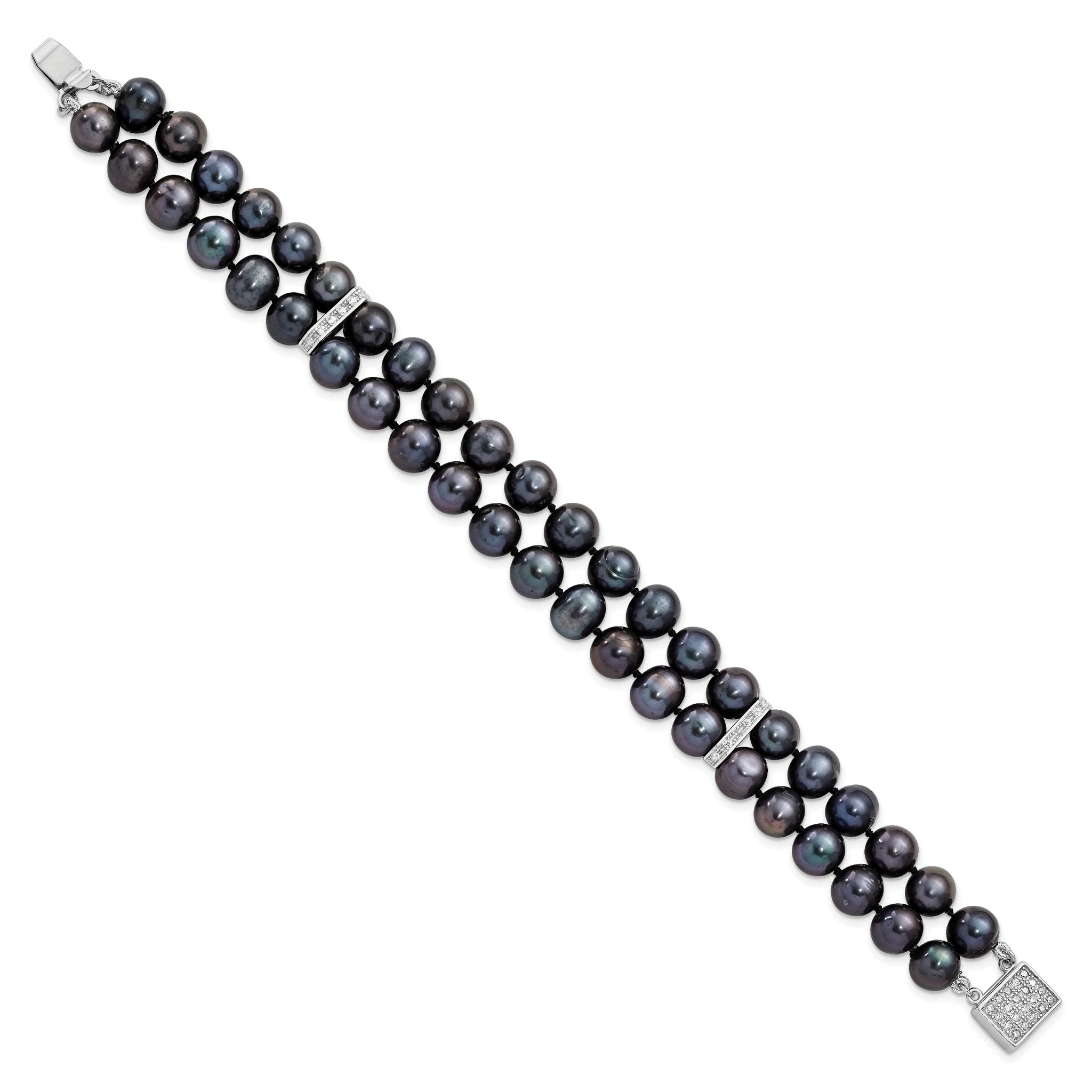 Sterling Silver RH 7-8mm Black FWC Pearl CZ 2-strand Bracelet Secondary image