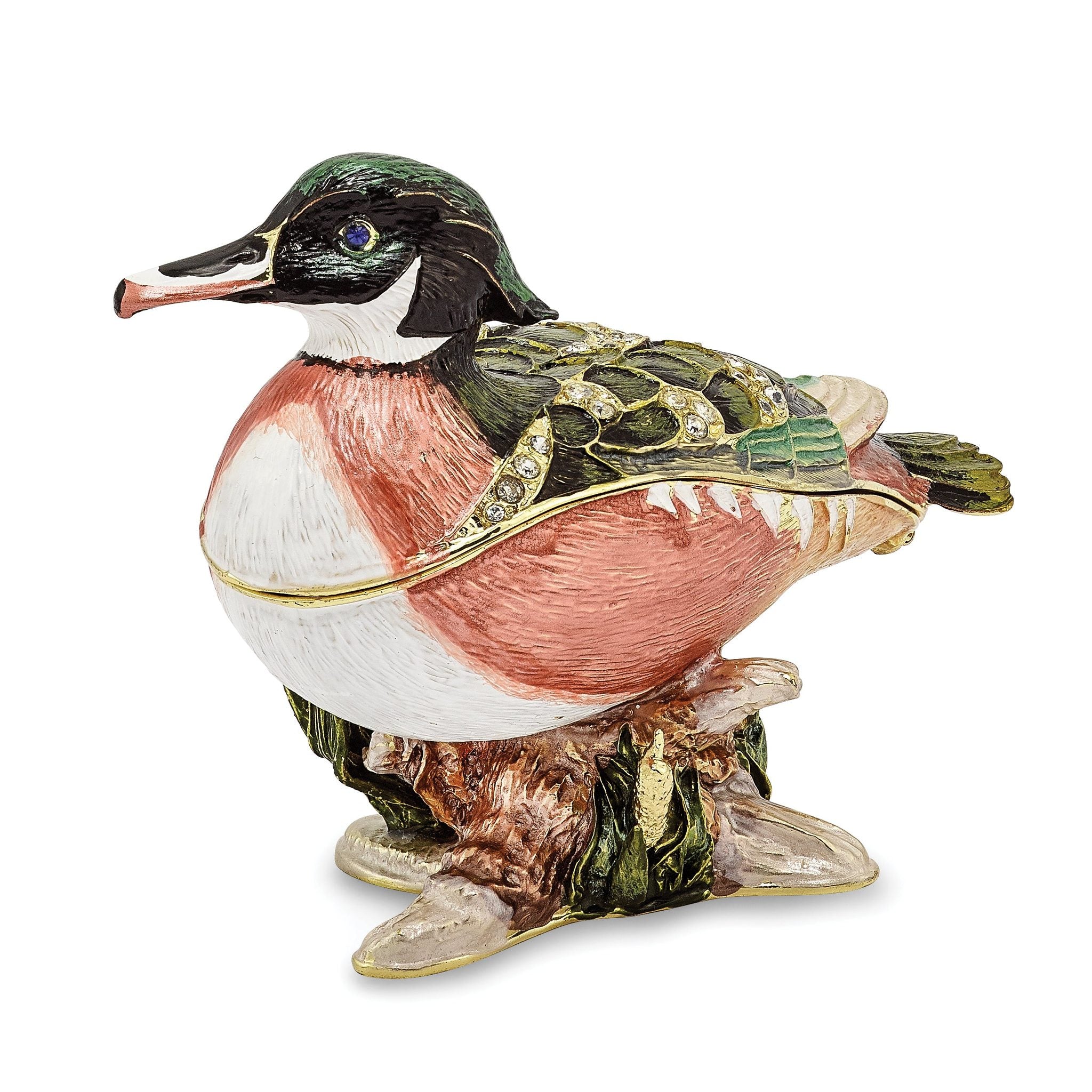 Luxury Giftware Pewter Bejeweled Crystals Gold-tone Enameled WILSON Wood Duck Trinket Box with Matching 18 Inch Necklace Main image