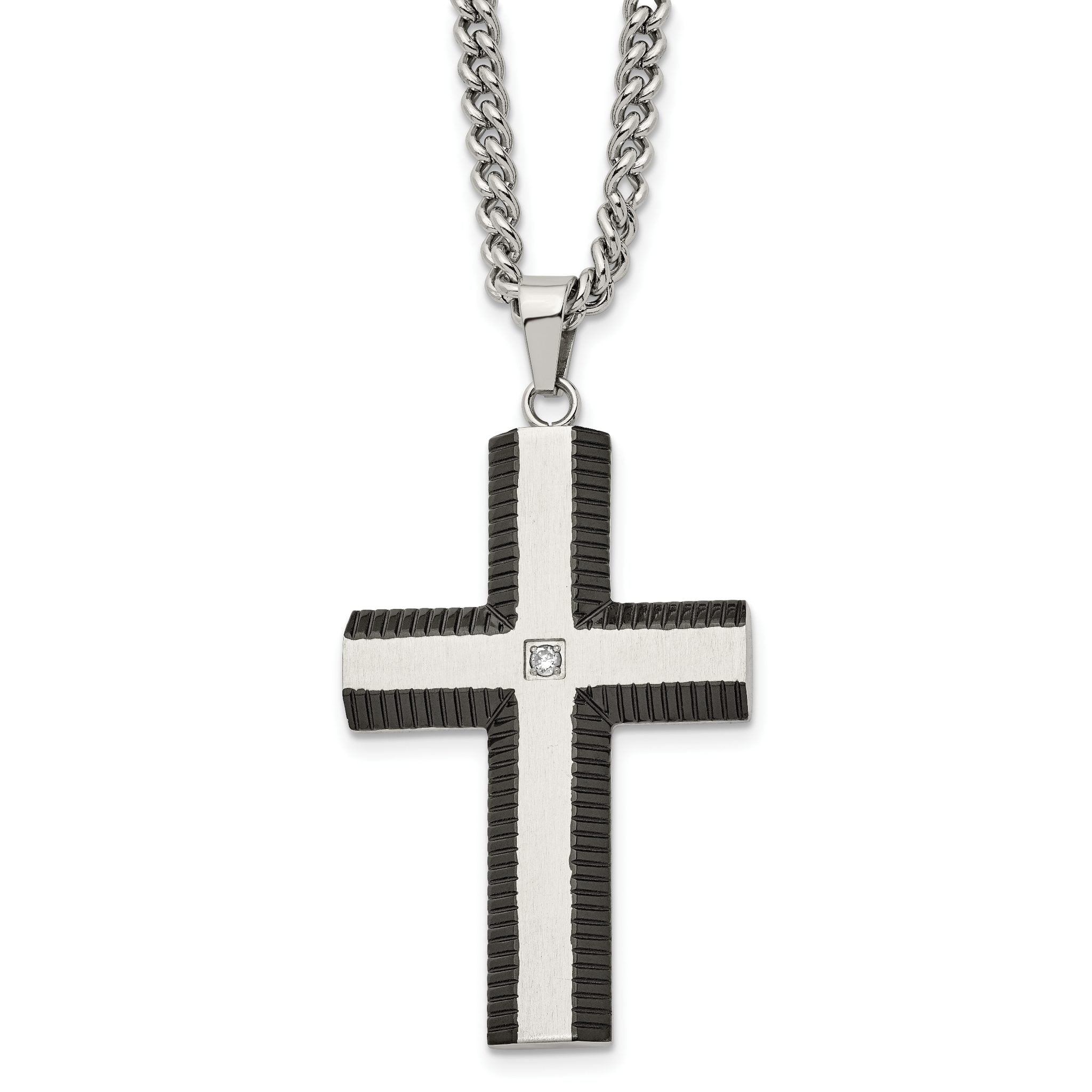 Chisel Stainless Steel Brushed and Polished Black IP-plated Edges with CZ Cross Pendant on a 22 inch Curb Chain Necklace Main image