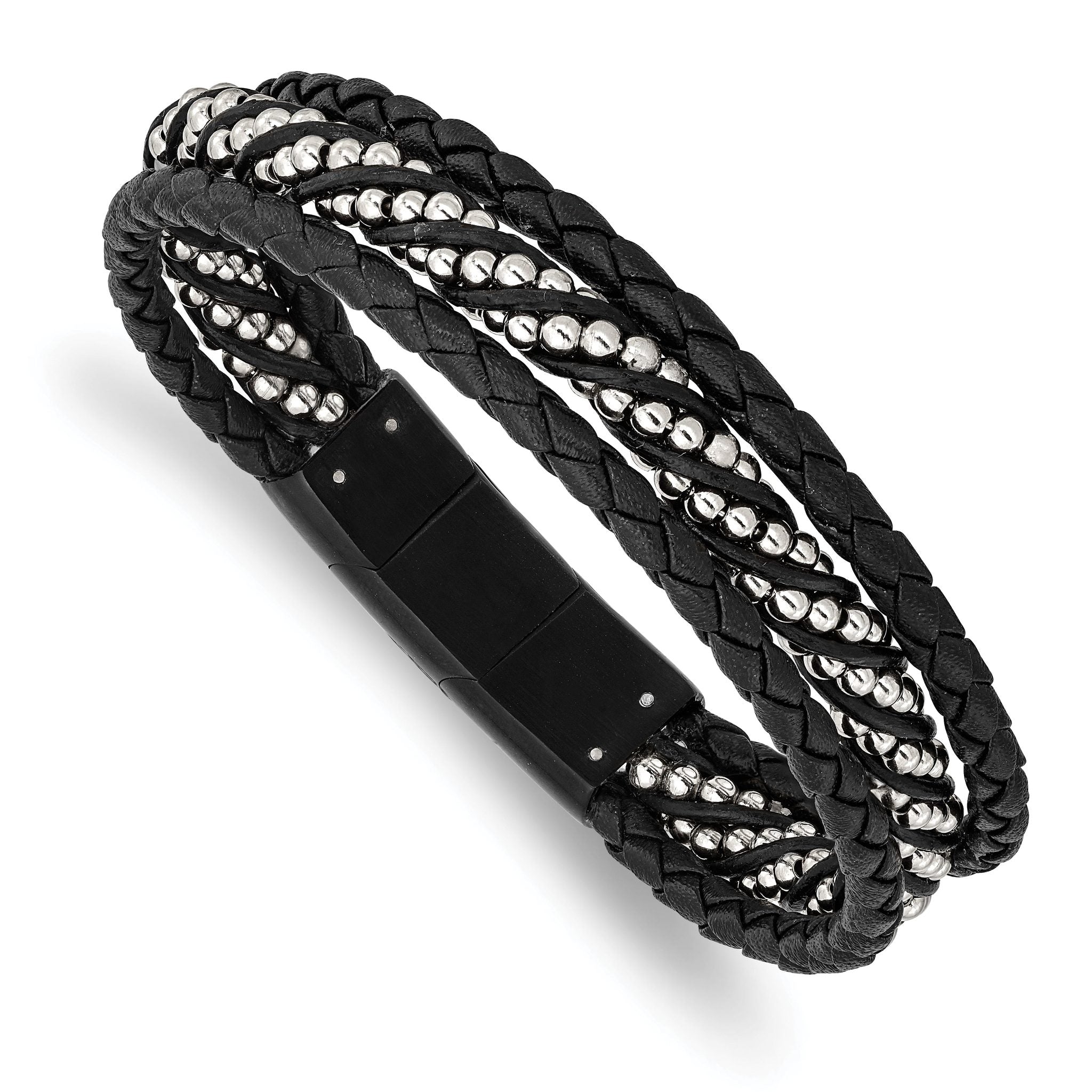 Stainless Steel Brushed & Polished Black IP Leather with . ext Bracelet Main image