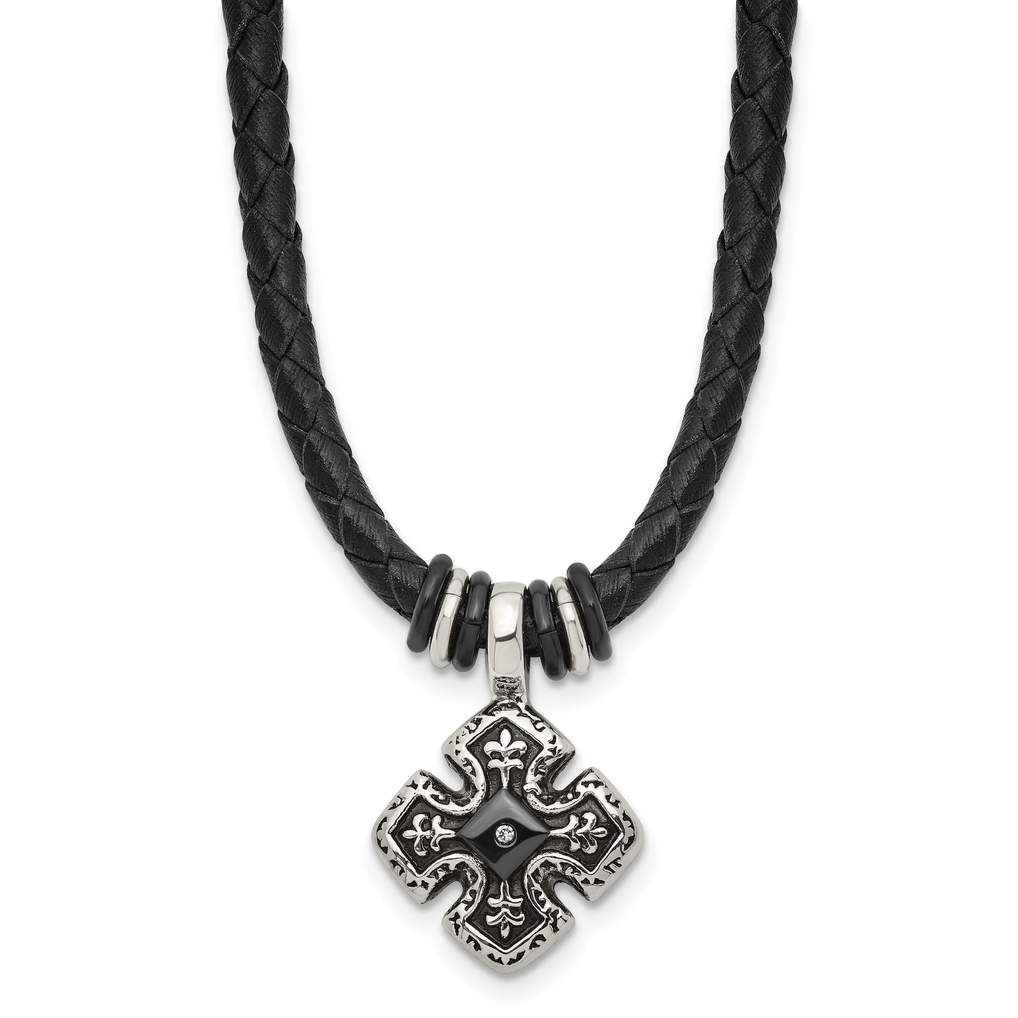 Chisel Stainless Steel Polished Black IP-plated with CZ Black Leather 21 inch Necklace Main image
