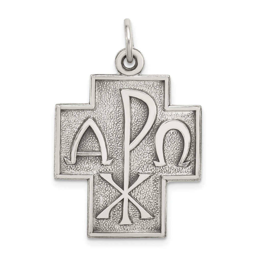 Sterling Silver 925 Alpha Omega Cross Pendant with Antiqued 3D Design