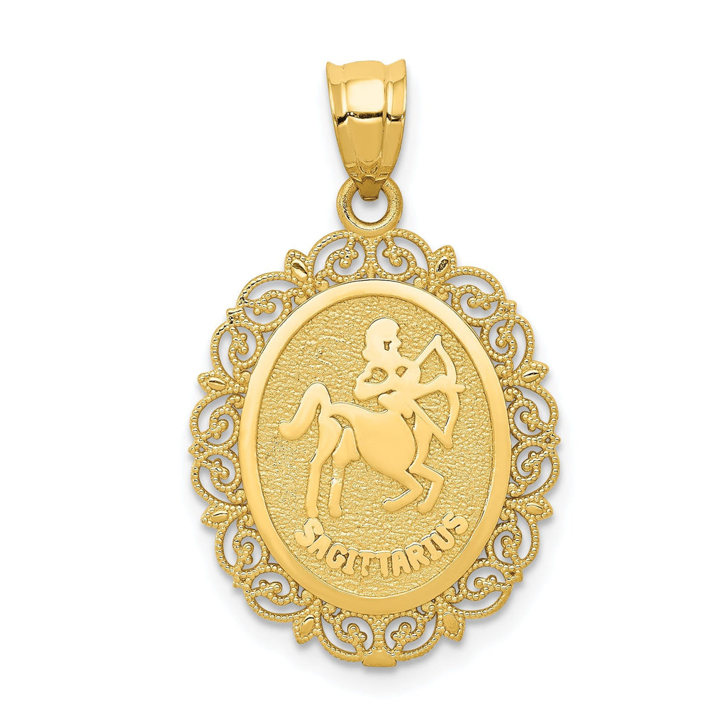 14K Gold Sagittarius Zodiac Pendant with Polished Satin Finish Elegant Oval Design