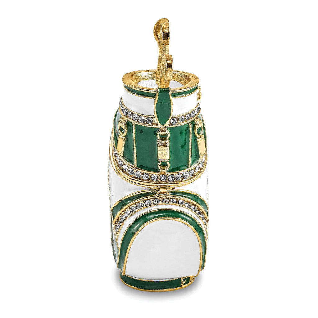 Luxury Giftware Pewter Bejeweled Crystals Gold-tone Enameled GAME OF FORES Golf Bag Trinket Box with Matching 18 Inch Necklace