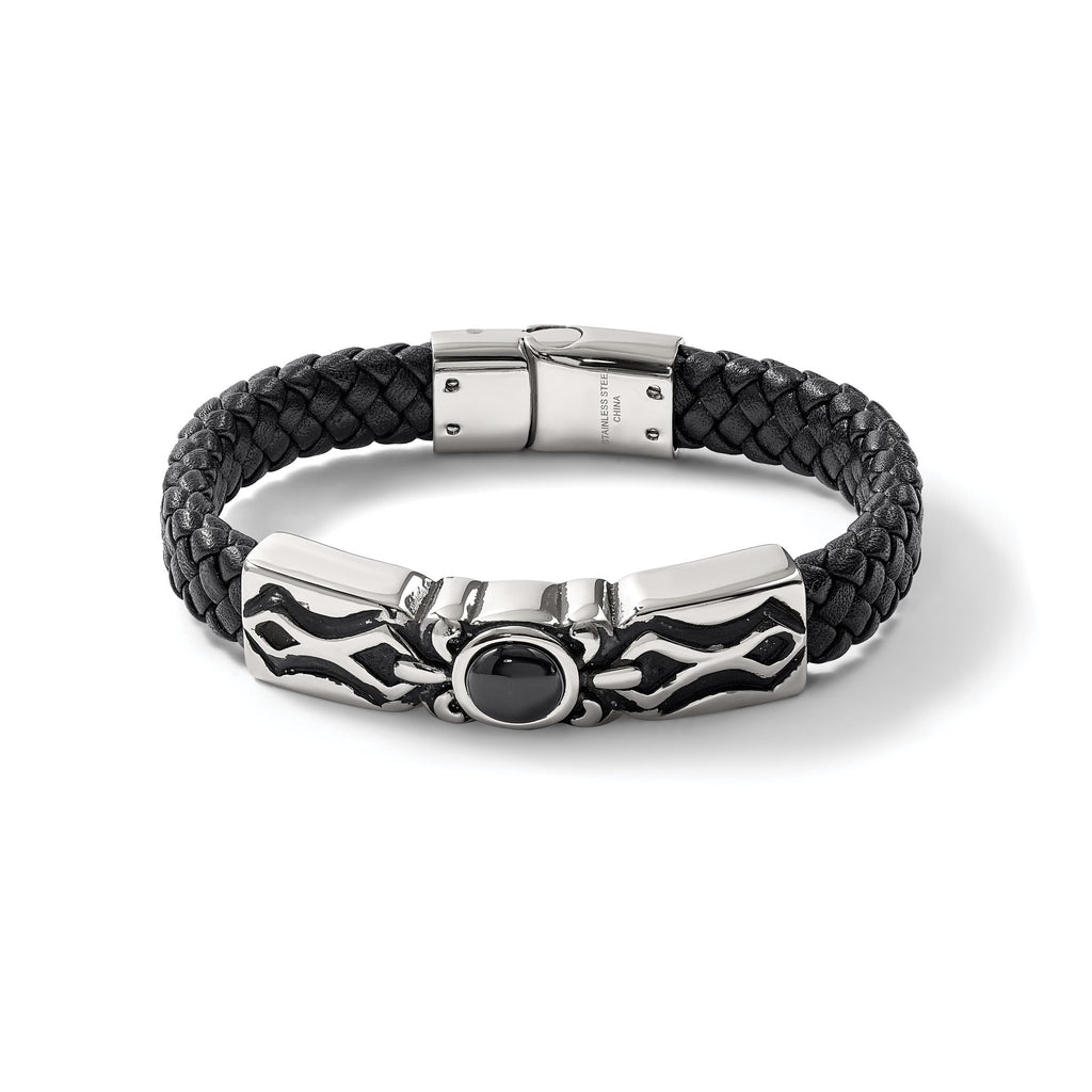 Stainless Steel Antiqued and Polished with Black Onyx Braided Black Leather Bracelet for Men