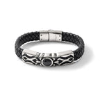 Stainless Steel Antiqued and Polished with Black Onyx Braided Black Leather Bracelet for Men