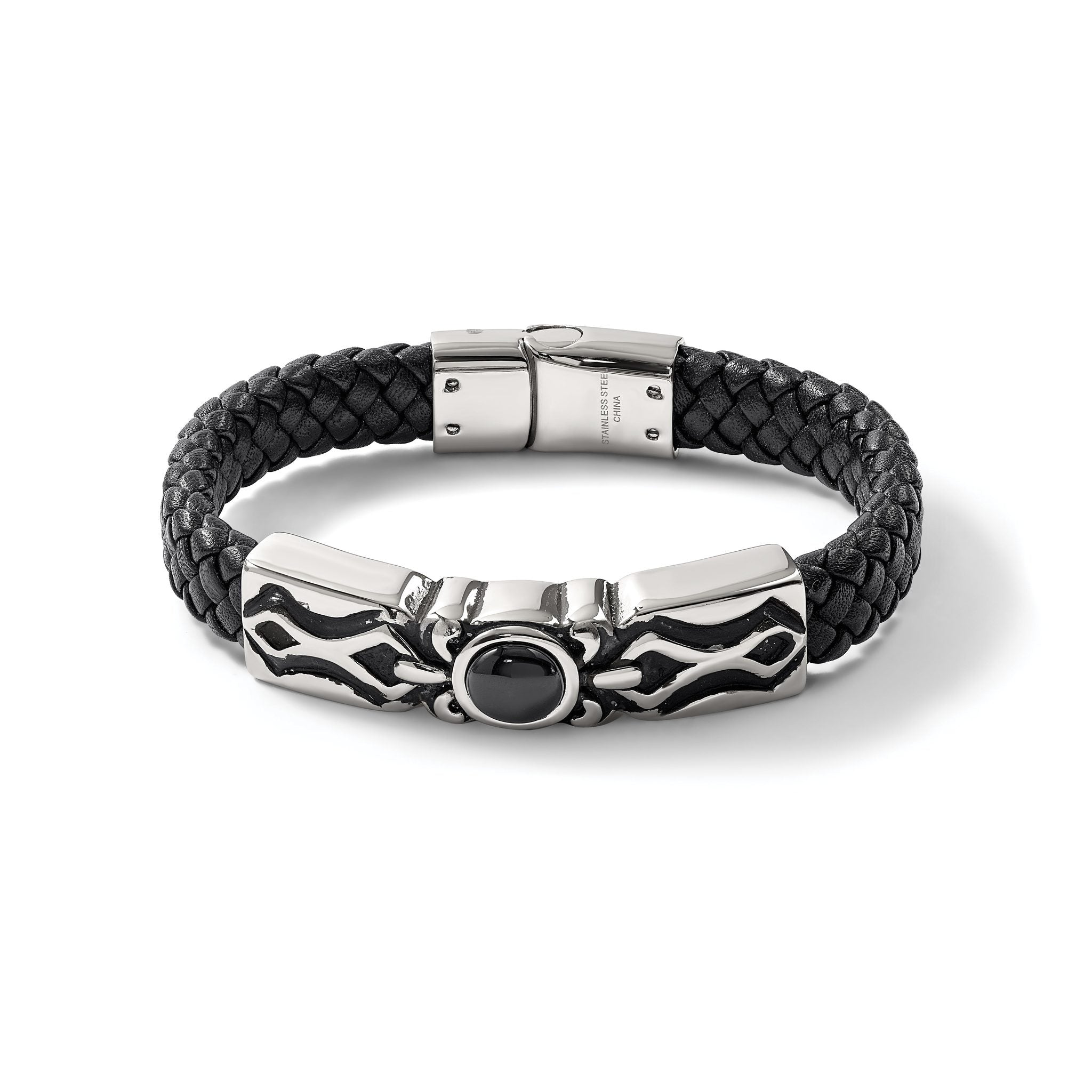 Stainless Steel Antiqued and Polished with Black Onyx Braided Black Leather Bracelet for Men