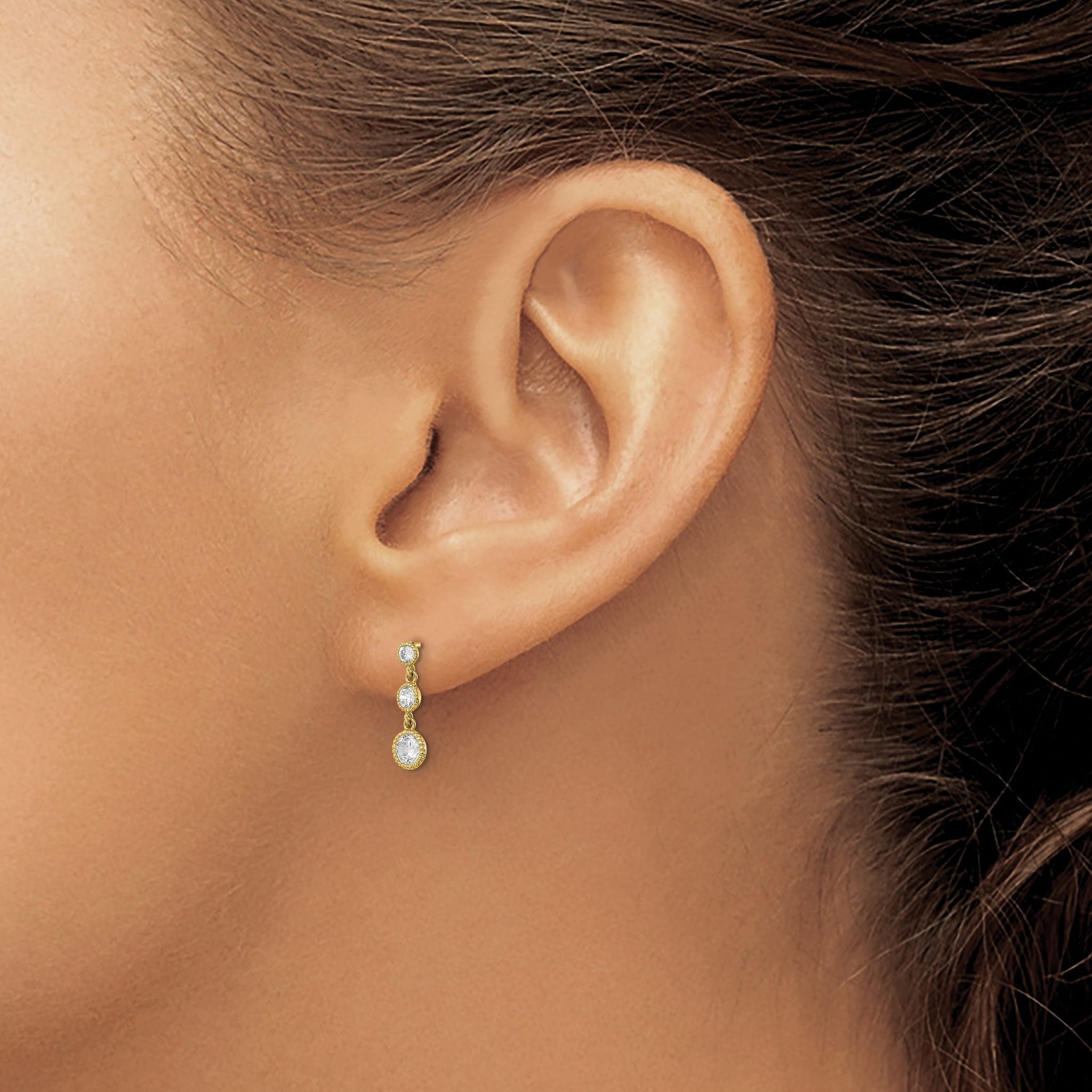 10K CZ 3 Stone Dangle Earrings