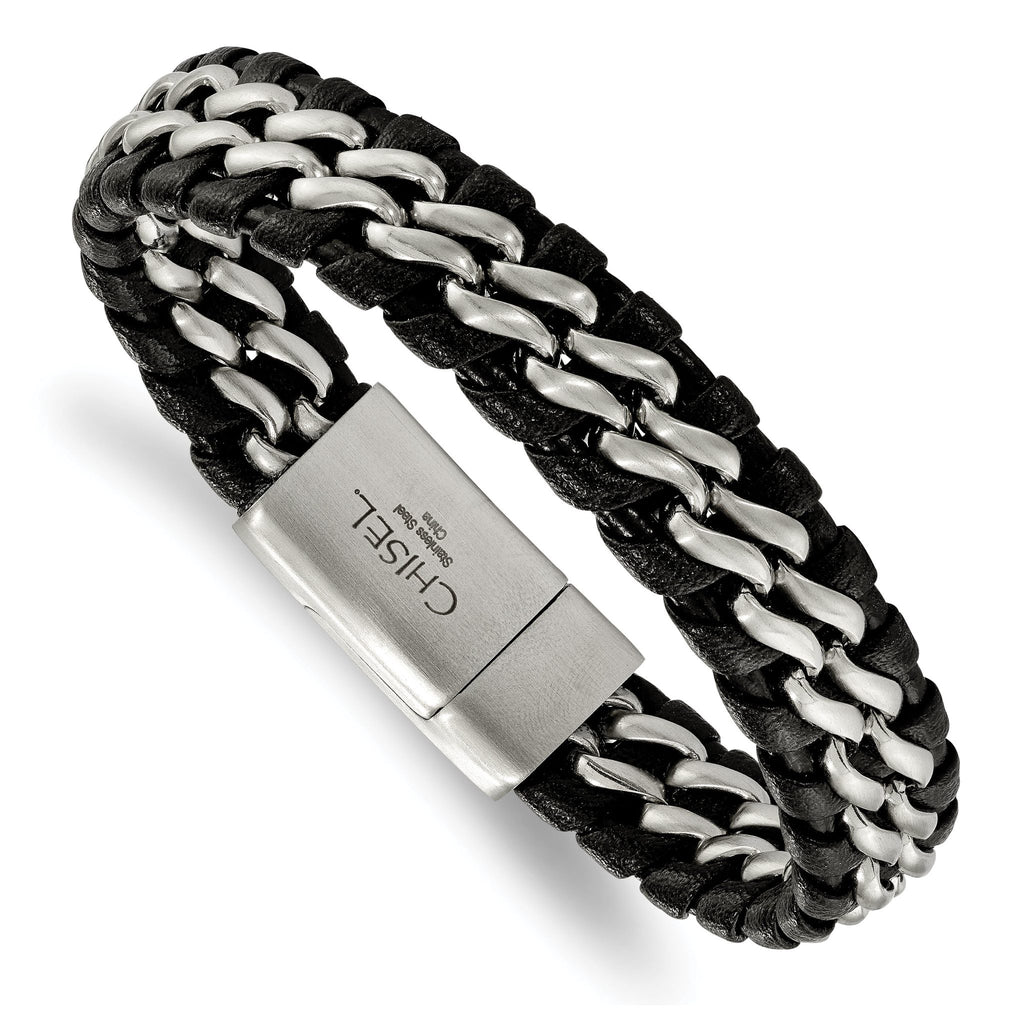 Stainless Steel Brushed Black Leather Bracelet for Men