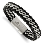 Stainless Steel Brushed Black Leather Bracelet for Men