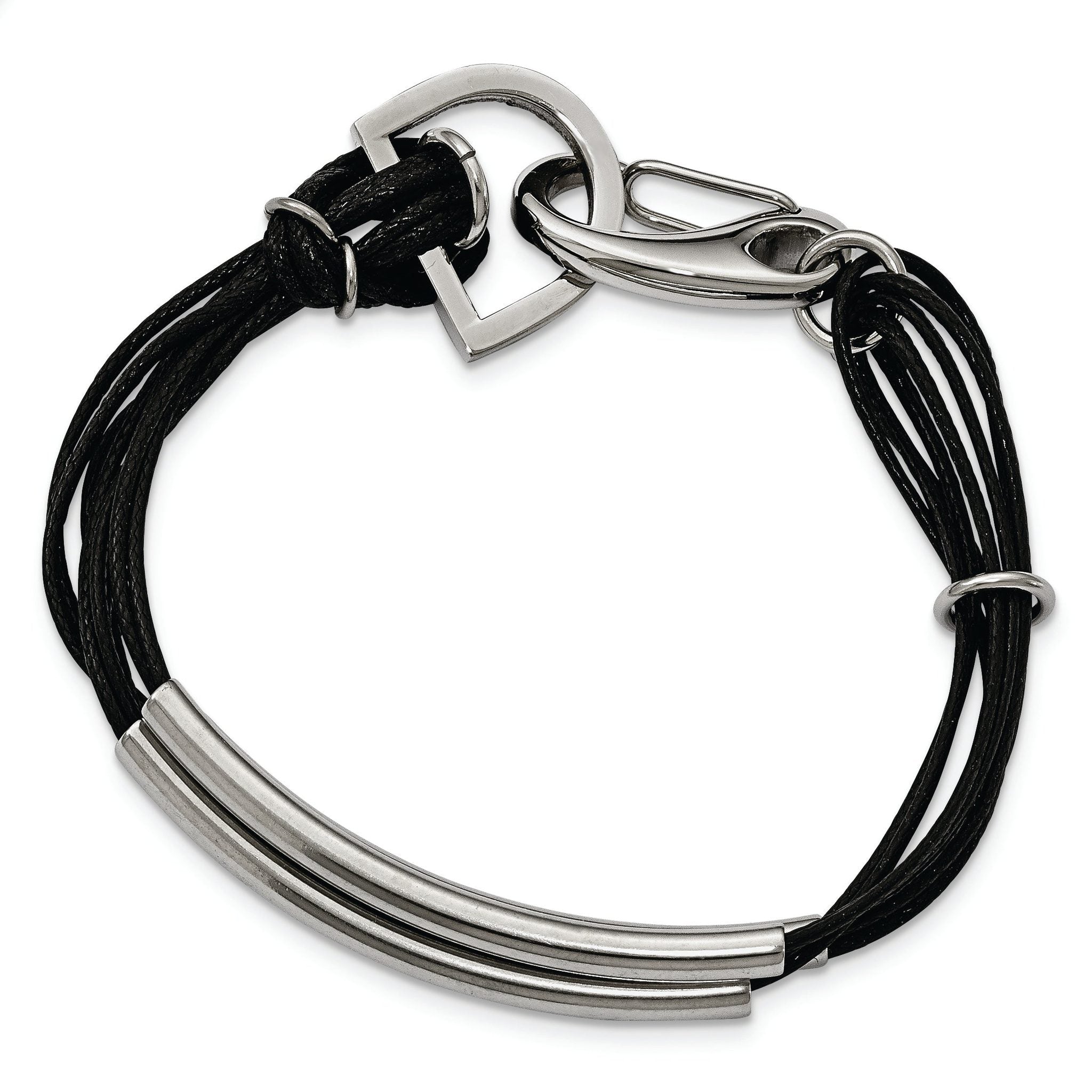 Stainless Steel Polished 3 Steel Tube with Black Wax Cord Bracelet Main image