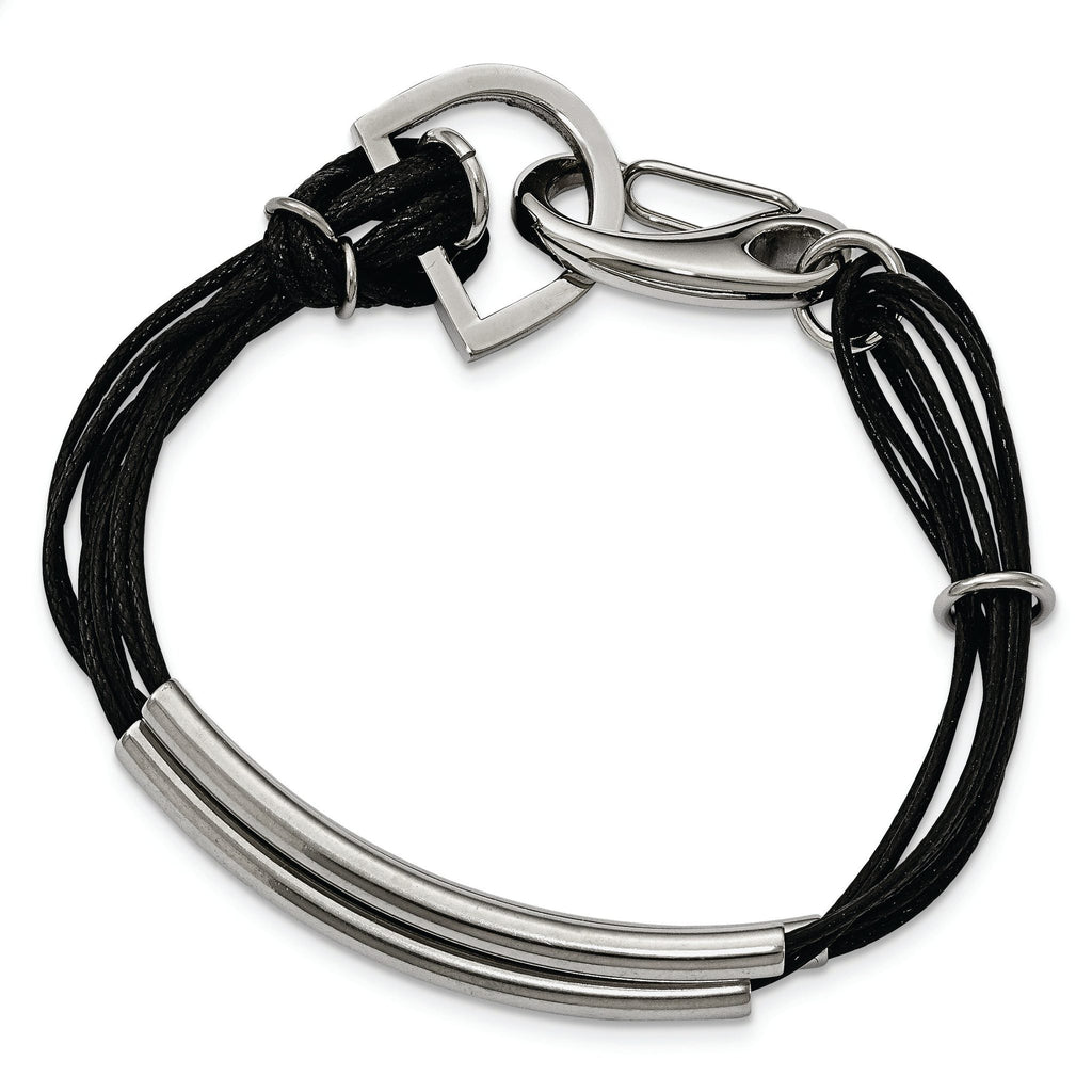 Stainless Steel Polished 3 Steel Tube with Black Wax Cord Bracelet