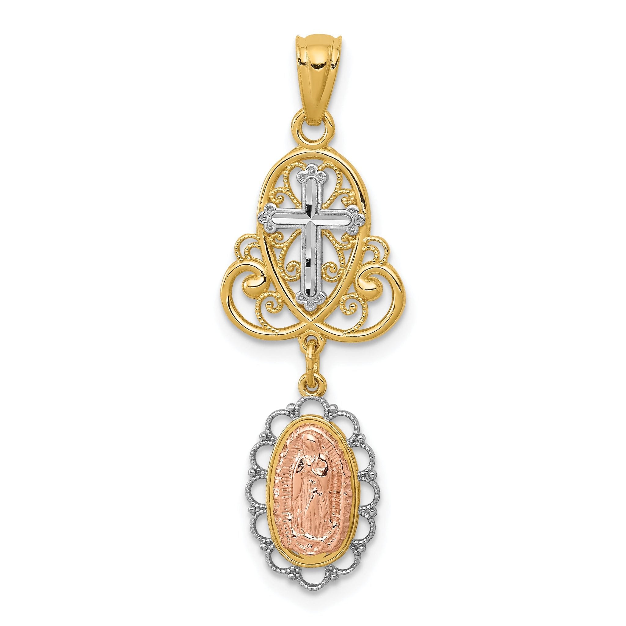 14K Two-Tone Gold Guadalupe Cross Pendant with White Rhodium Finish Elegant Spiritual Symbol Main image